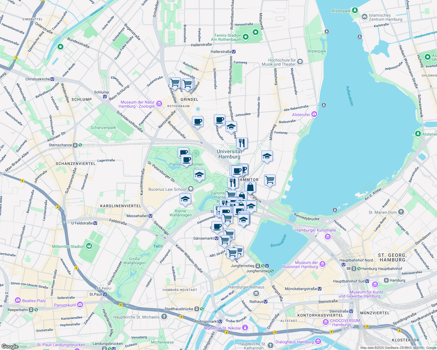 map of restaurants, bars, coffee shops, grocery stores, and more near Marseiller Straße in Hamburg