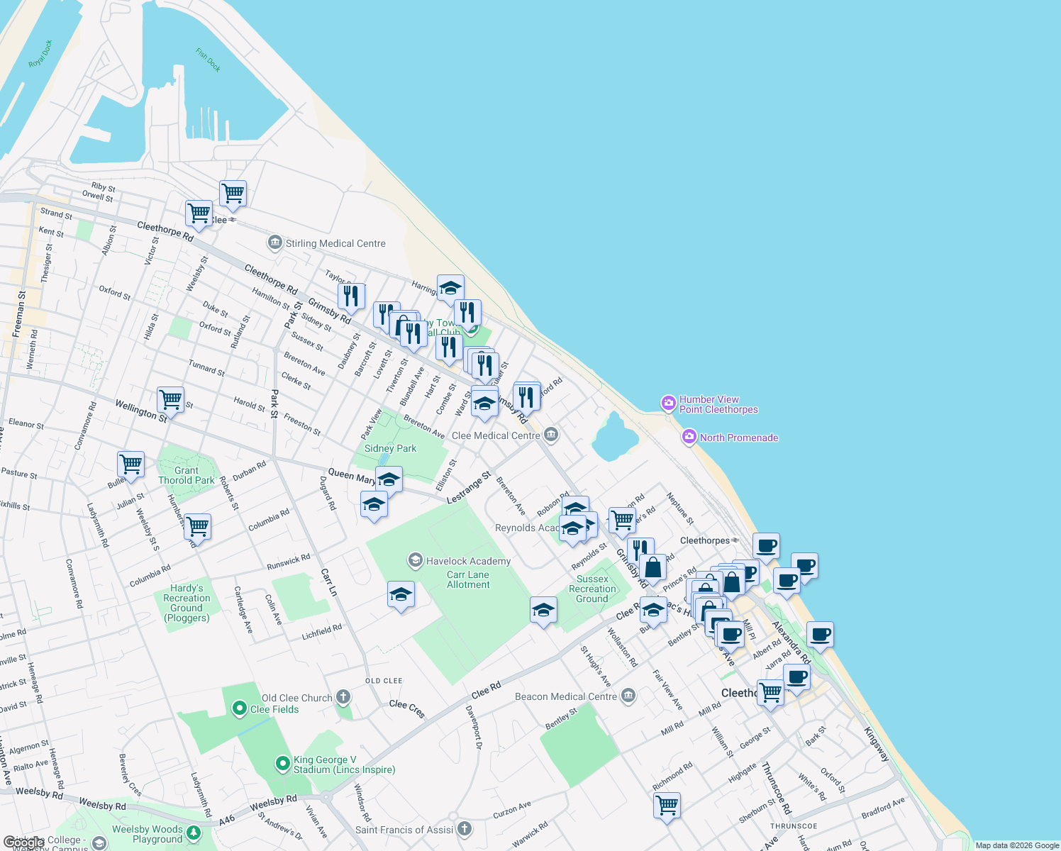 map of restaurants, bars, coffee shops, grocery stores, and more near 269 Grimsby Road in North East Lincolnshire