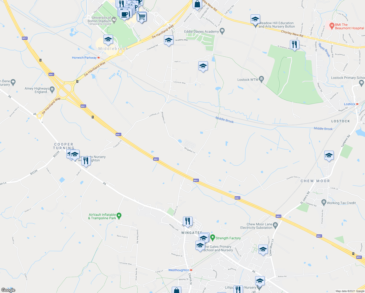 map of restaurants, bars, coffee shops, grocery stores, and more near Wingates Lane in Greater Manchester