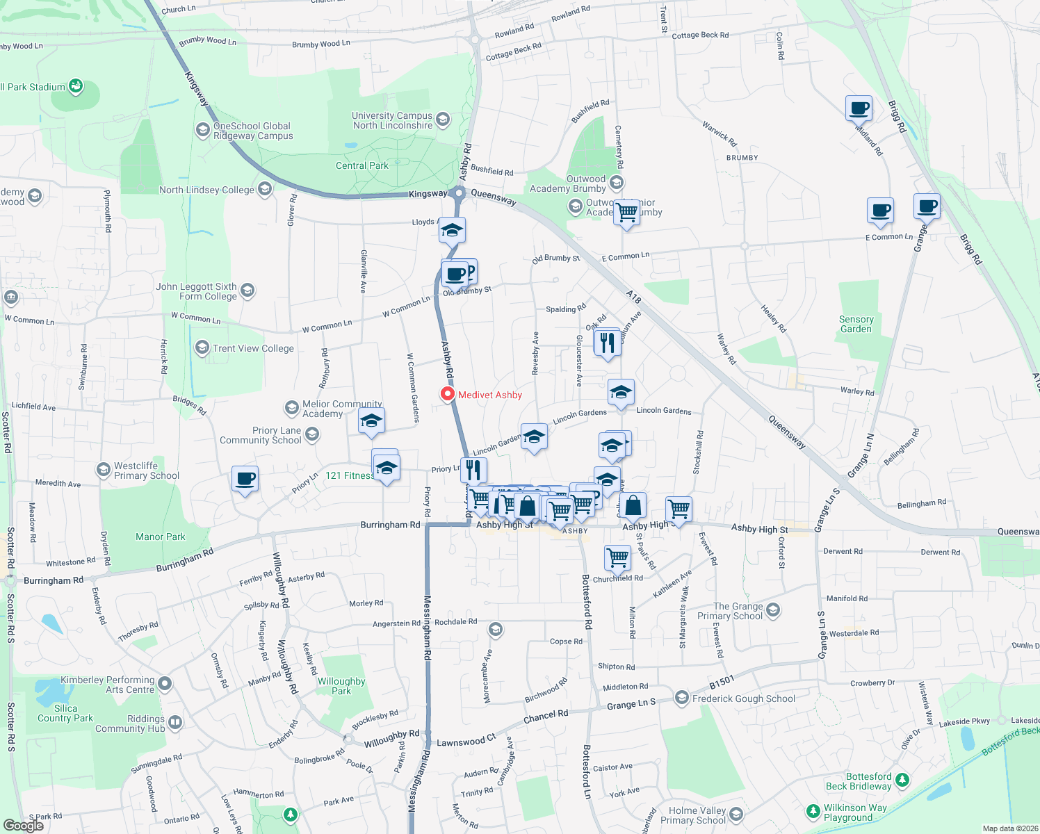 map of restaurants, bars, coffee shops, grocery stores, and more near Bardney Avenue in North Lincolnshire