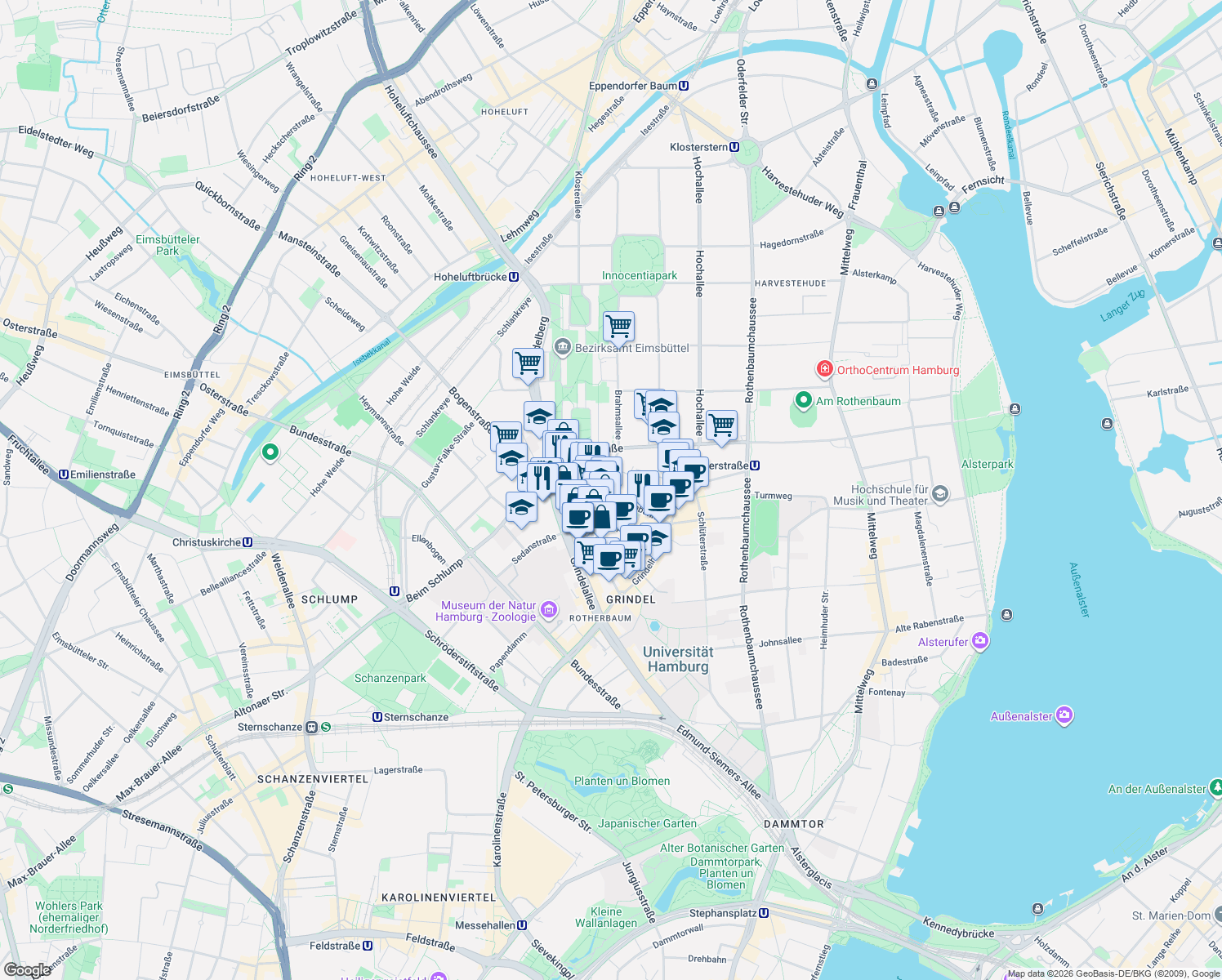 map of restaurants, bars, coffee shops, grocery stores, and more near 17 Rutschbahn in Hamburg