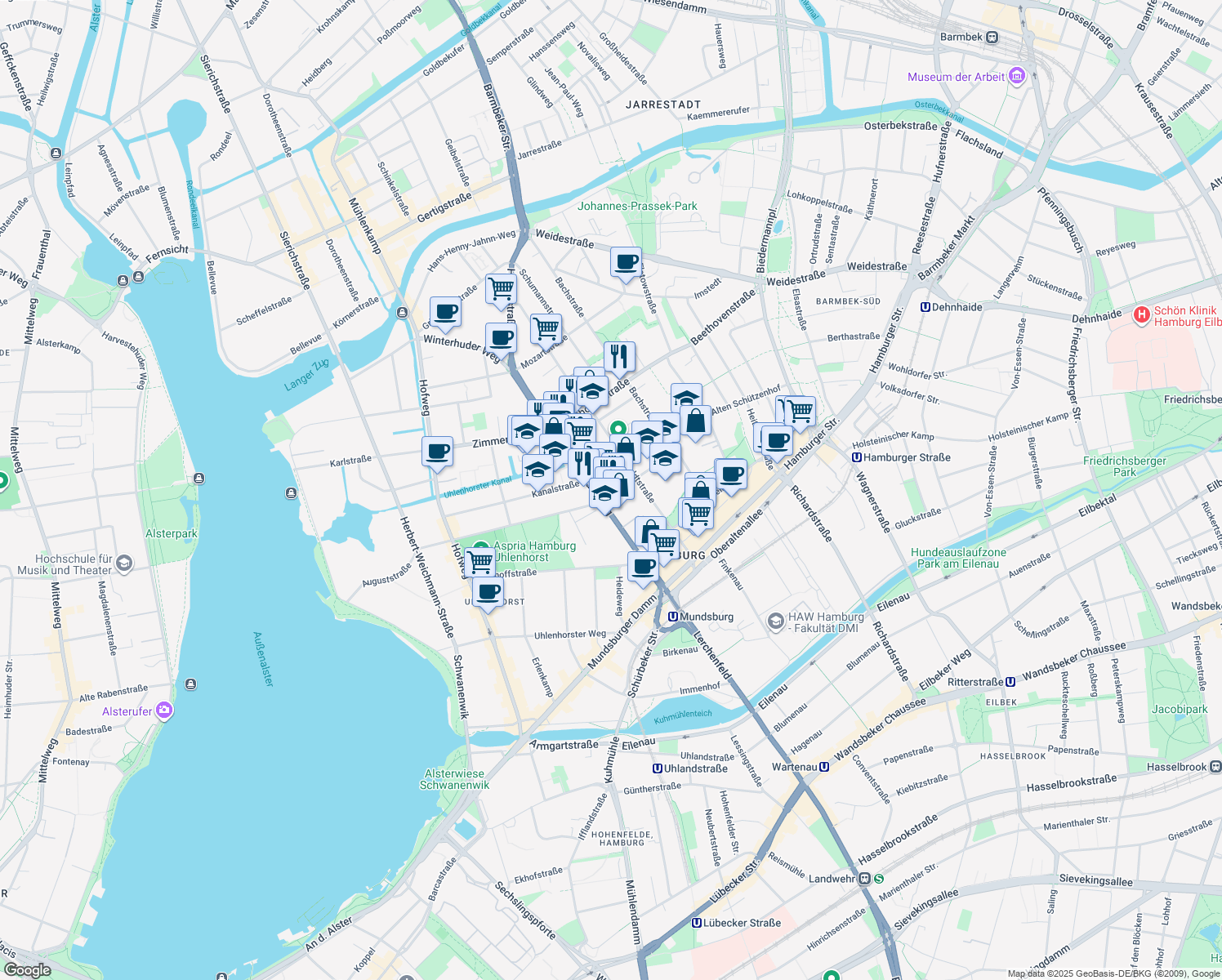 map of restaurants, bars, coffee shops, grocery stores, and more near 105 Heinrich-Hertz-Straße in Hamburg