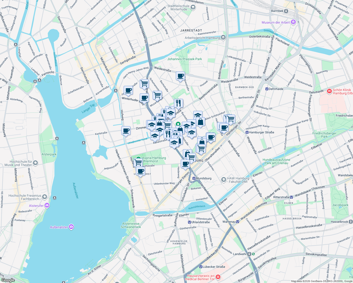 map of restaurants, bars, coffee shops, grocery stores, and more near 105 Heinrich-Hertz-Straße in Hamburg