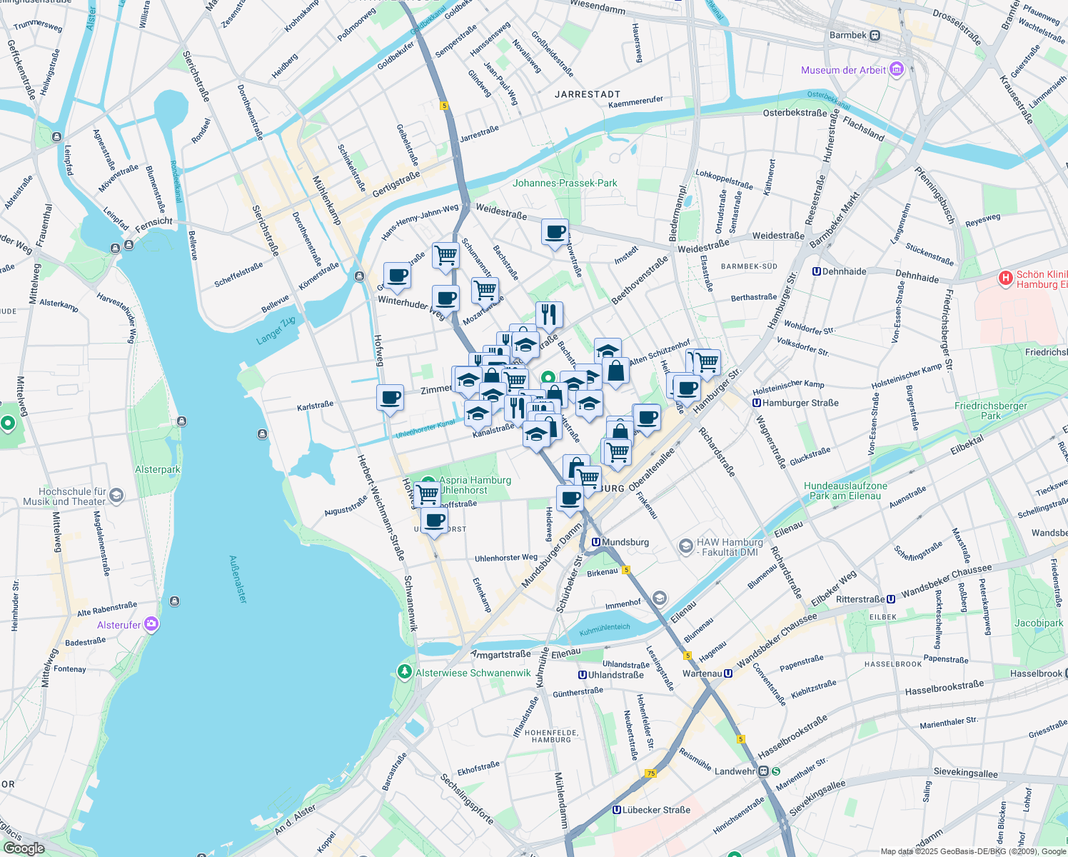 map of restaurants, bars, coffee shops, grocery stores, and more near 62 Winterhuder Weg in Hamburg