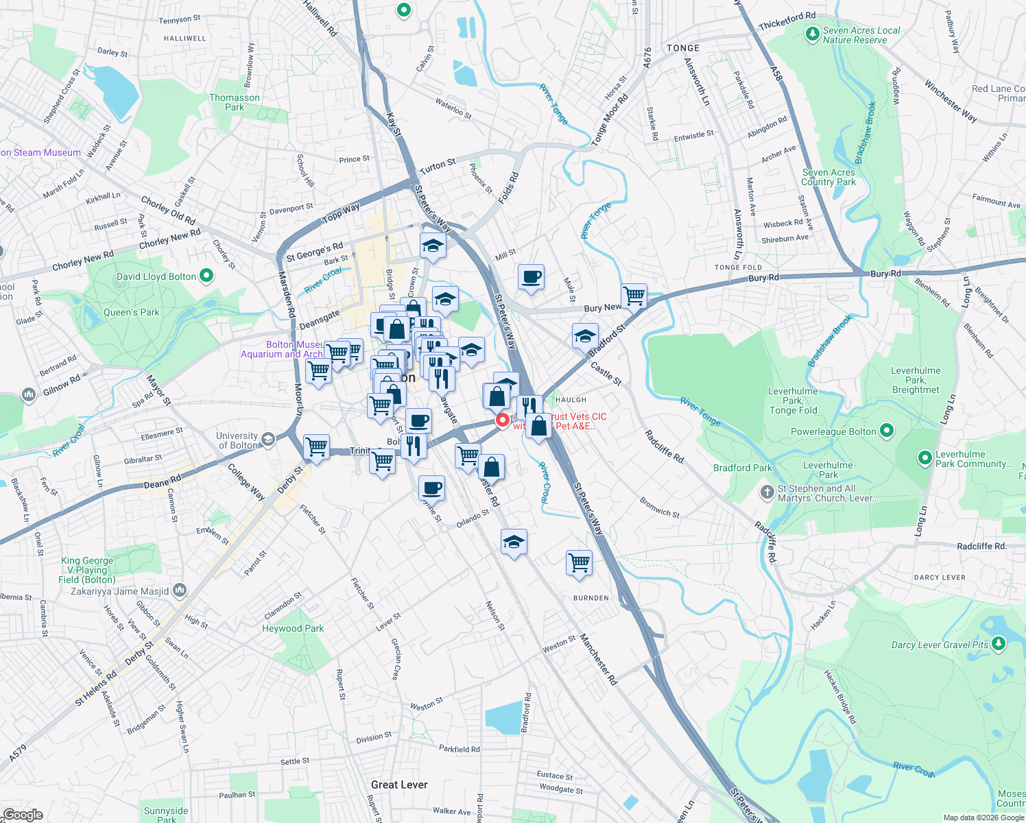 map of restaurants, bars, coffee shops, grocery stores, and more near River Street in Greater Manchester