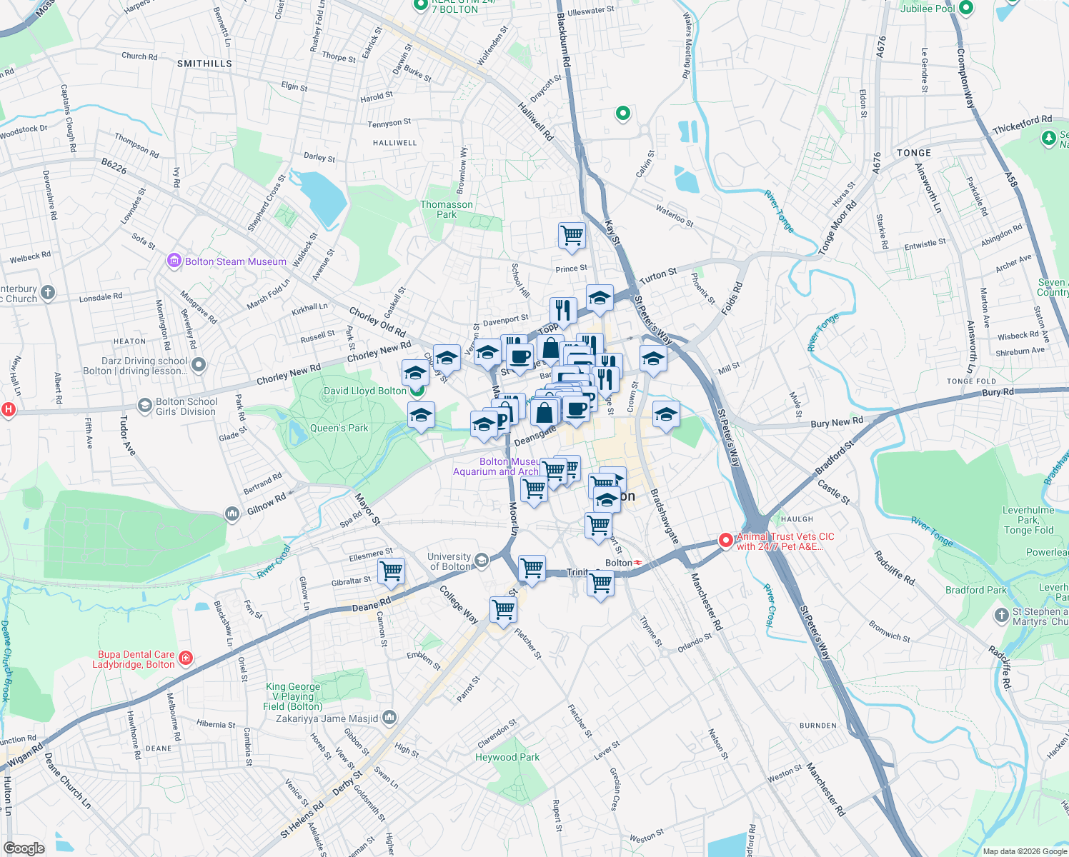 map of restaurants, bars, coffee shops, grocery stores, and more near 124 Deansgate in Greater Manchester
