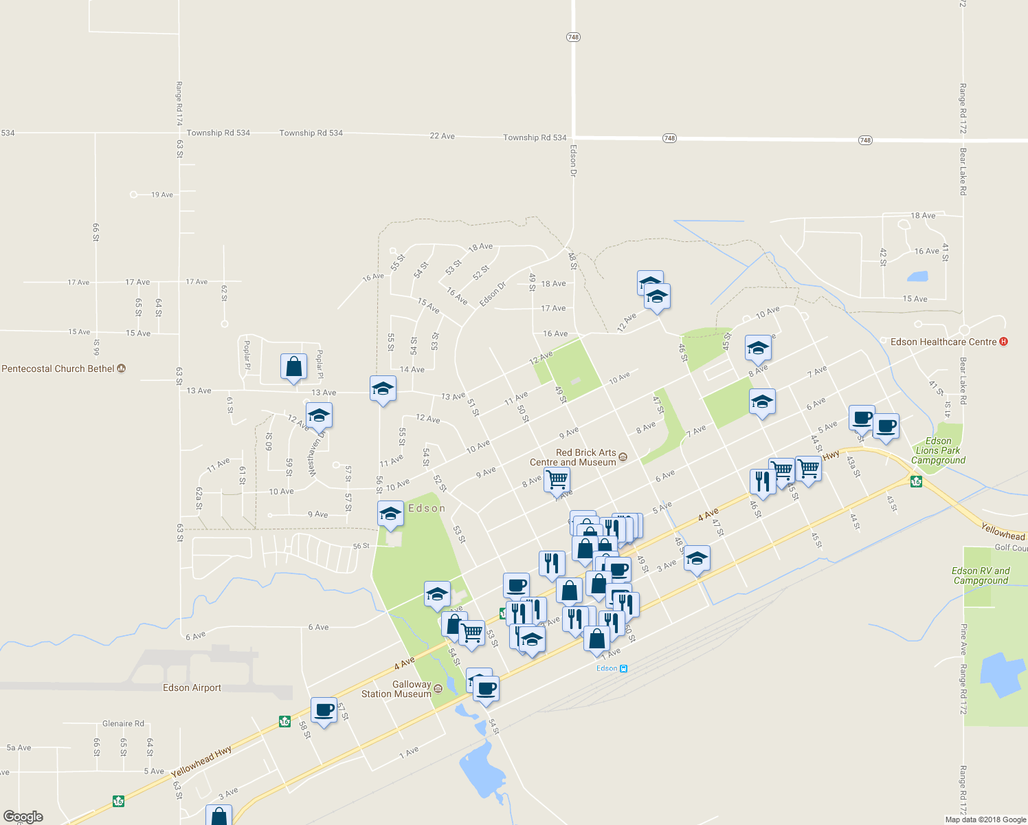 map of restaurants, bars, coffee shops, grocery stores, and more near 1014 50 Street in Edson