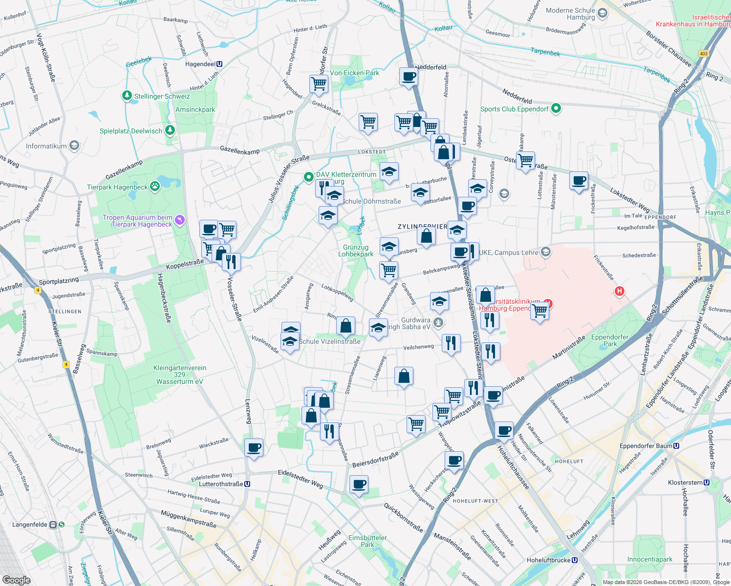 map of restaurants, bars, coffee shops, grocery stores, and more near 12 Lohkoppelweg in Hamburg
