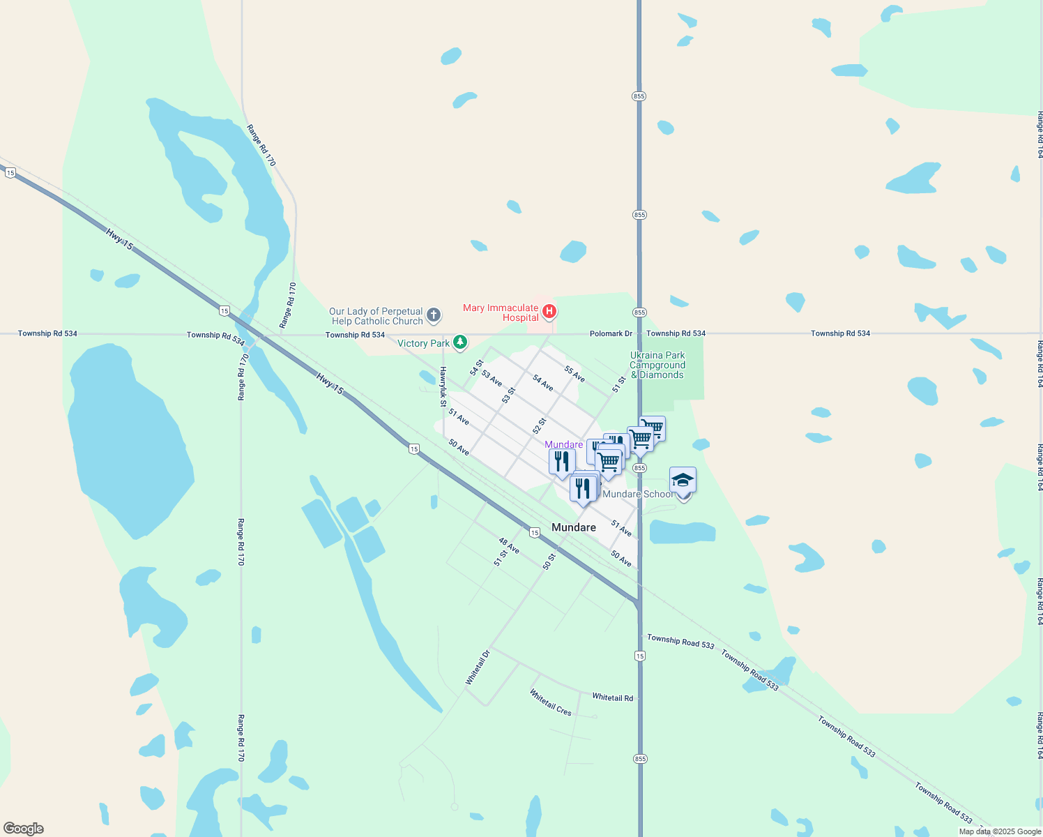 map of restaurants, bars, coffee shops, grocery stores, and more near 5220 52 Avenue in Mundare