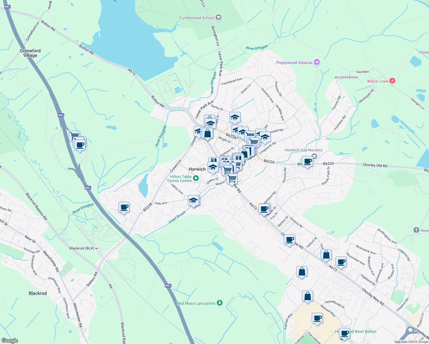 map of restaurants, bars, coffee shops, grocery stores, and more near in Horwich