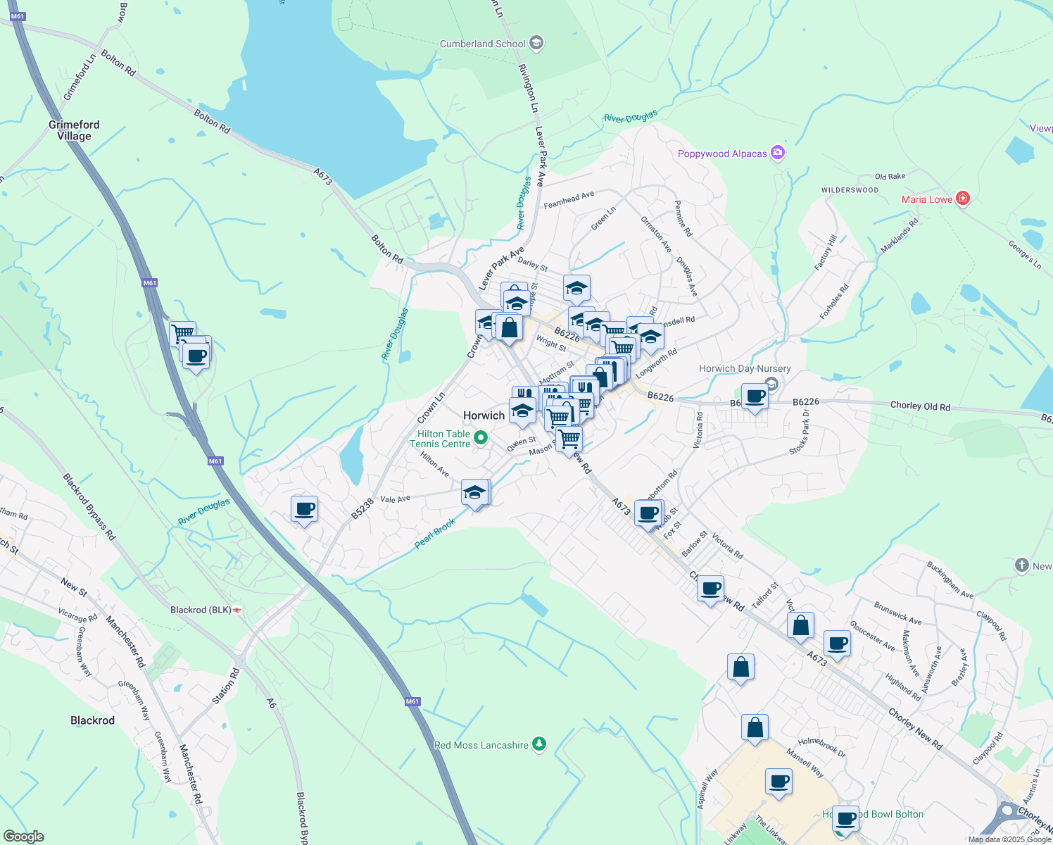 map of restaurants, bars, coffee shops, grocery stores, and more near 24 Richmond Street in Horwich