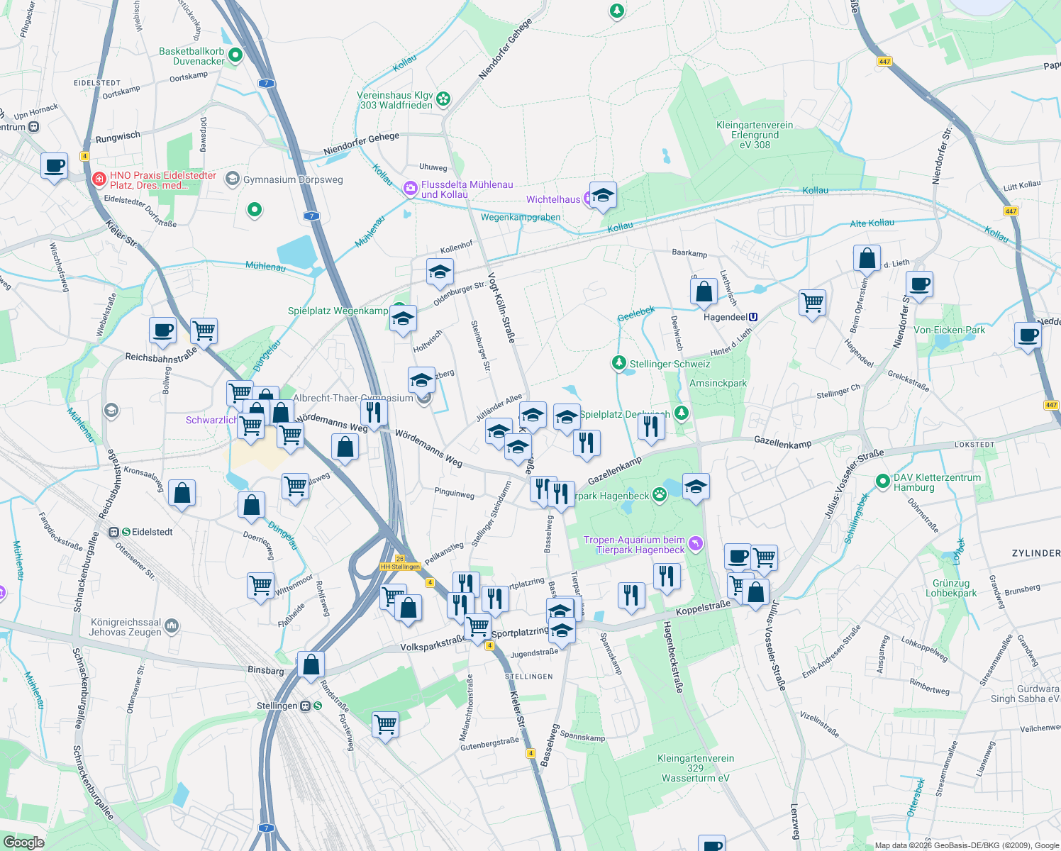 map of restaurants, bars, coffee shops, grocery stores, and more near 30 Vogt-Kölln-Straße in Hamburg
