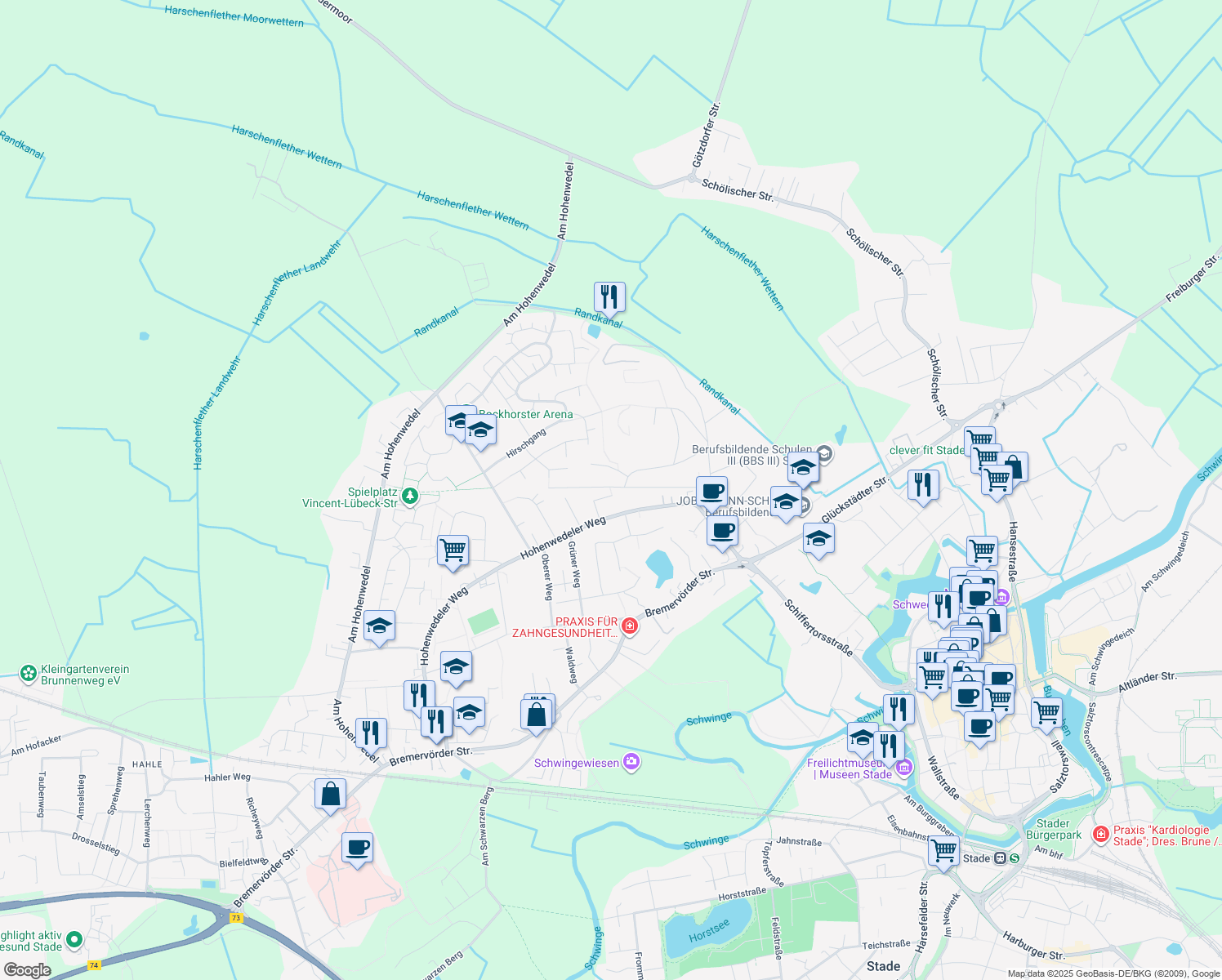 map of restaurants, bars, coffee shops, grocery stores, and more near in Stade
