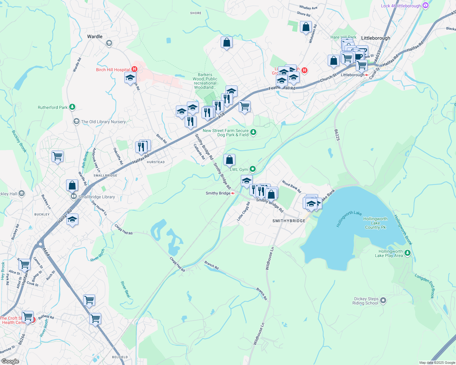 map of restaurants, bars, coffee shops, grocery stores, and more near Smithy Bridge Road in Greater Manchester
