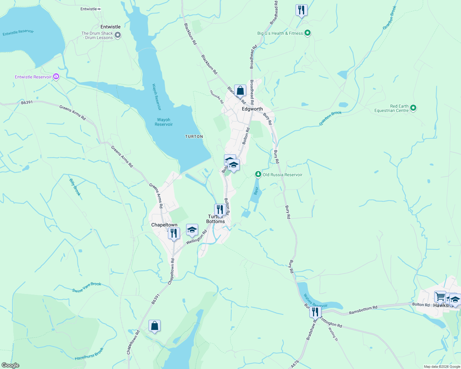 map of restaurants, bars, coffee shops, grocery stores, and more near Bolton Road in Blackburn with Darwen