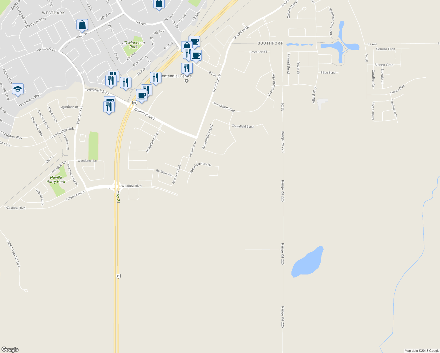 map of restaurants, bars, coffee shops, grocery stores, and more near 77 Dragonfly Point in Fort Saskatchewan
