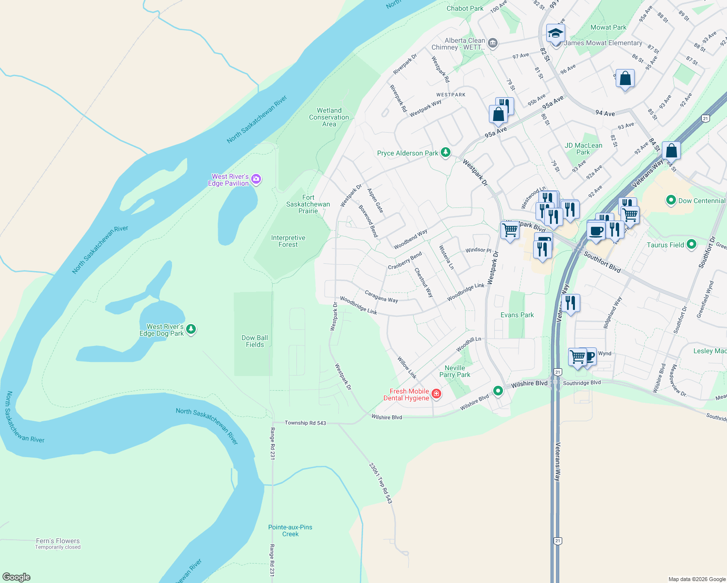 map of restaurants, bars, coffee shops, grocery stores, and more near 39 Caragana Way in Fort Saskatchewan