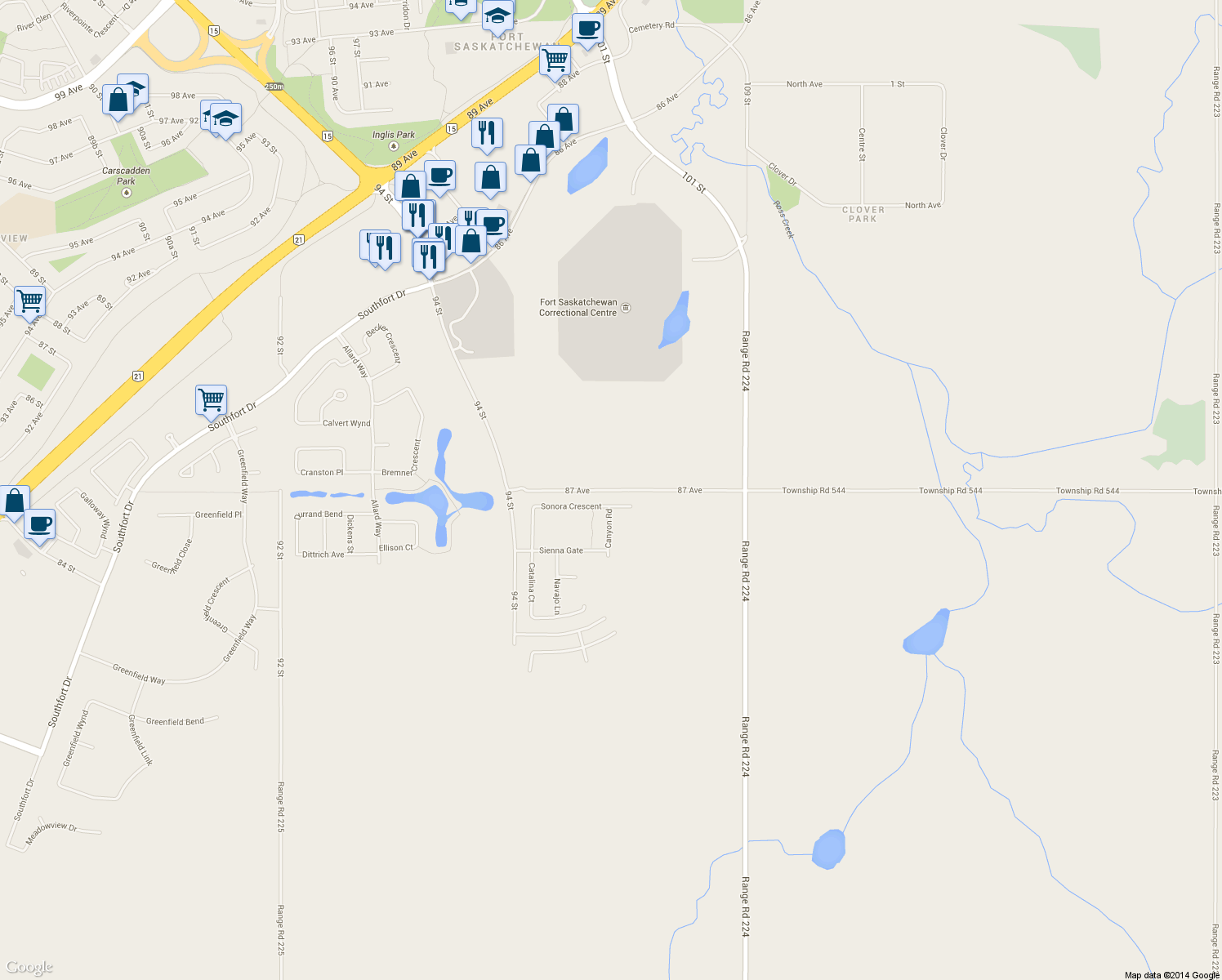 map of restaurants, bars, coffee shops, grocery stores, and more near 22401-22439 87 Avenue in Fort Saskatchewan