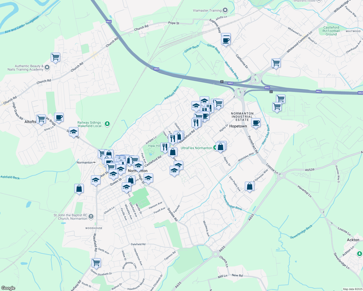 map of restaurants, bars, coffee shops, grocery stores, and more near Nelson Street in West Yorkshire