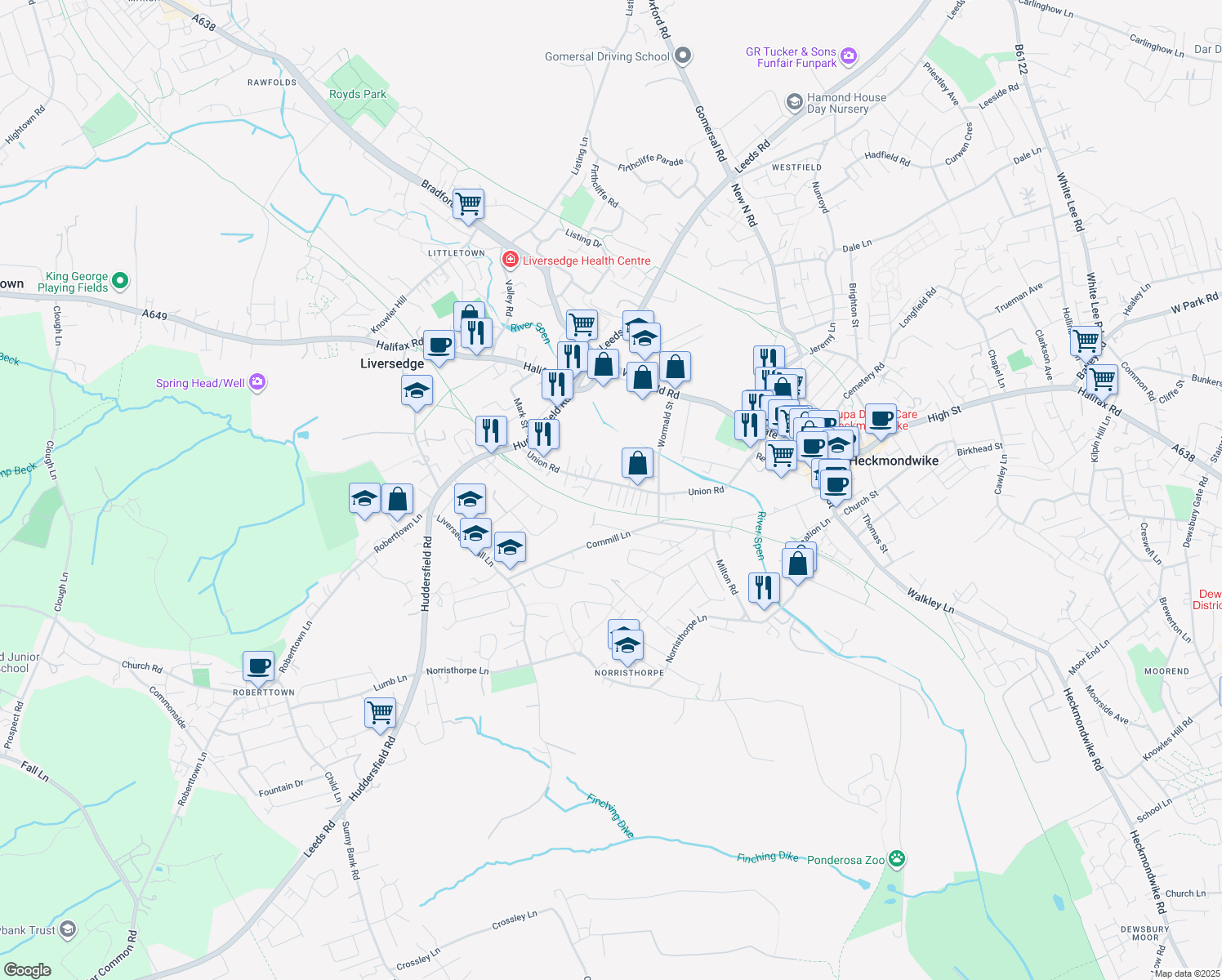 map of restaurants, bars, coffee shops, grocery stores, and more near in Liversedge