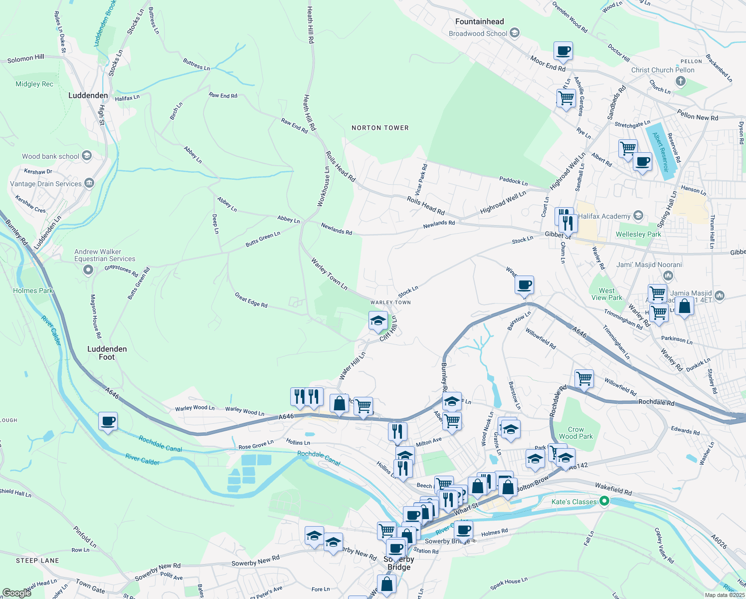 map of restaurants, bars, coffee shops, grocery stores, and more near Warley Town Lane in West Yorkshire