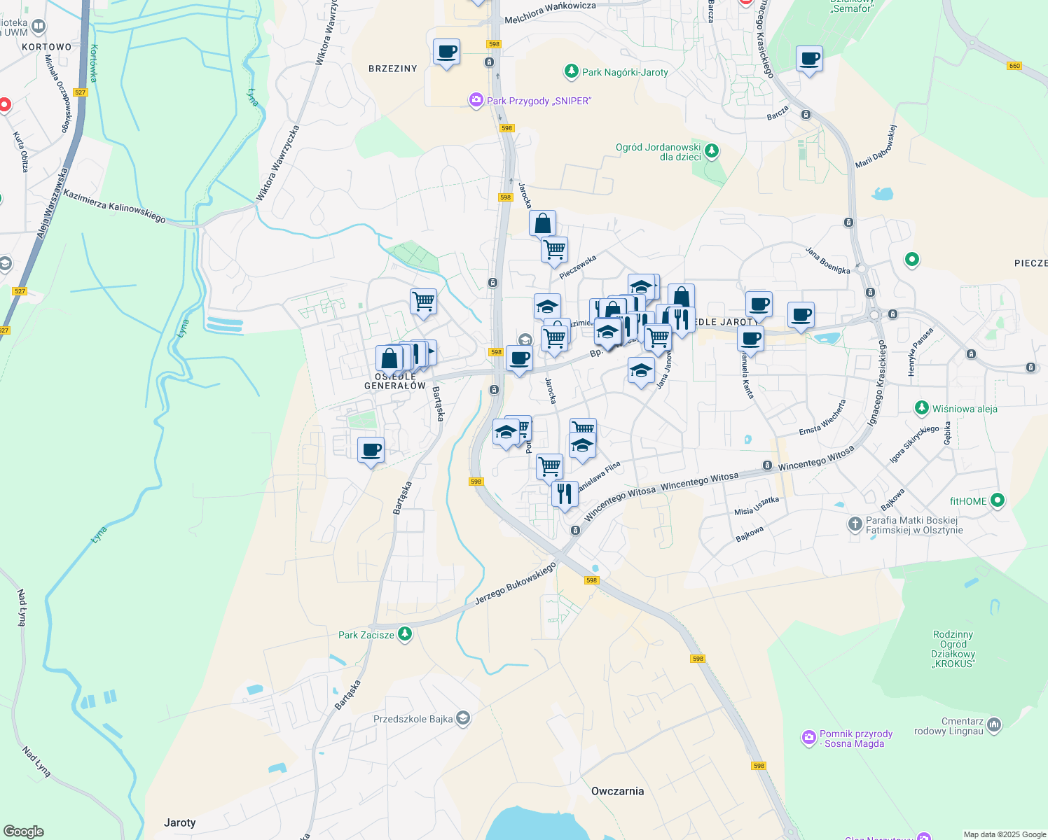 map of restaurants, bars, coffee shops, grocery stores, and more near in Olsztyn