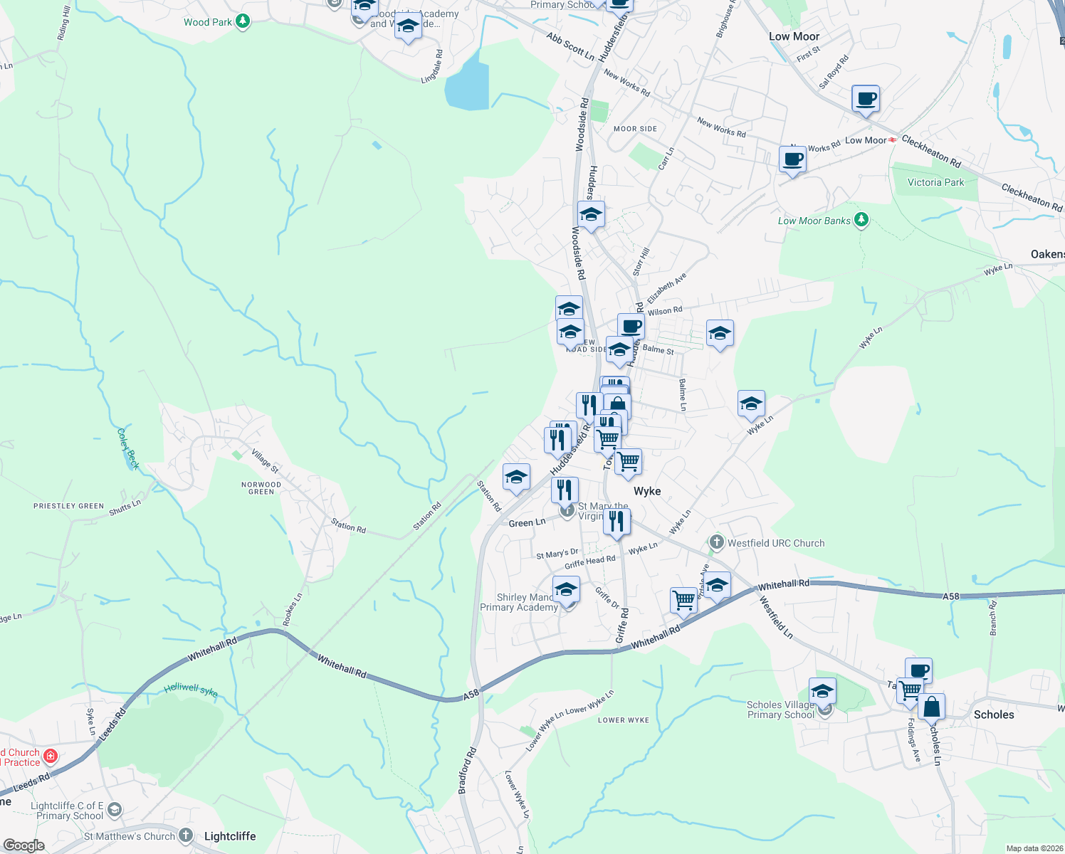 map of restaurants, bars, coffee shops, grocery stores, and more near Hudson View in Wyke