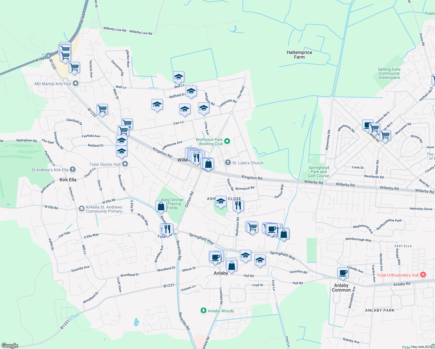 map of restaurants, bars, coffee shops, grocery stores, and more near 200 Kingston Road in Willerby