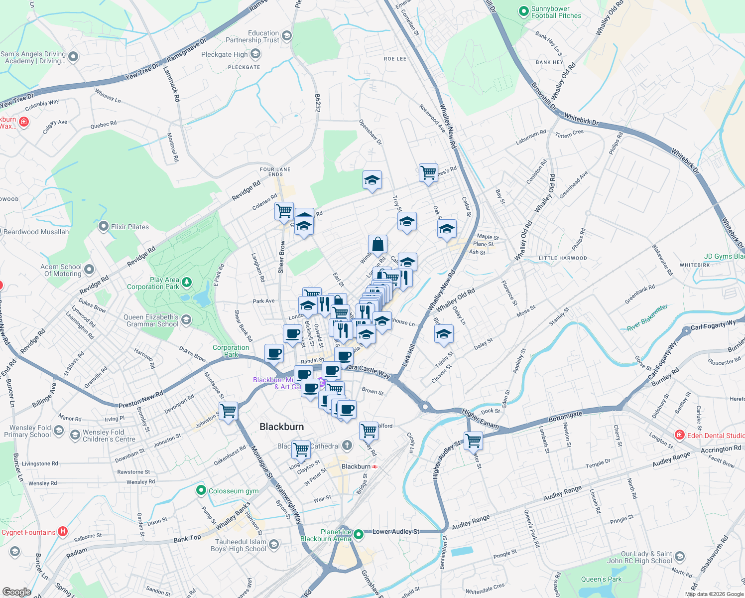 map of restaurants, bars, coffee shops, grocery stores, and more near Millham Street in Blackburn with Darwen