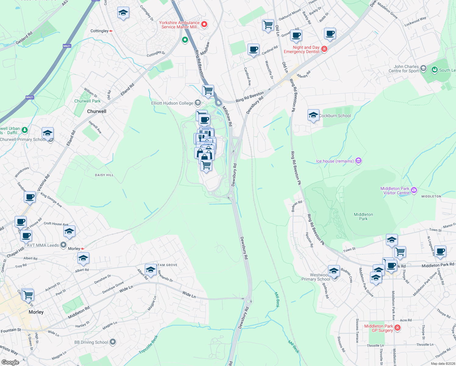 map of restaurants, bars, coffee shops, grocery stores, and more near in Churwell