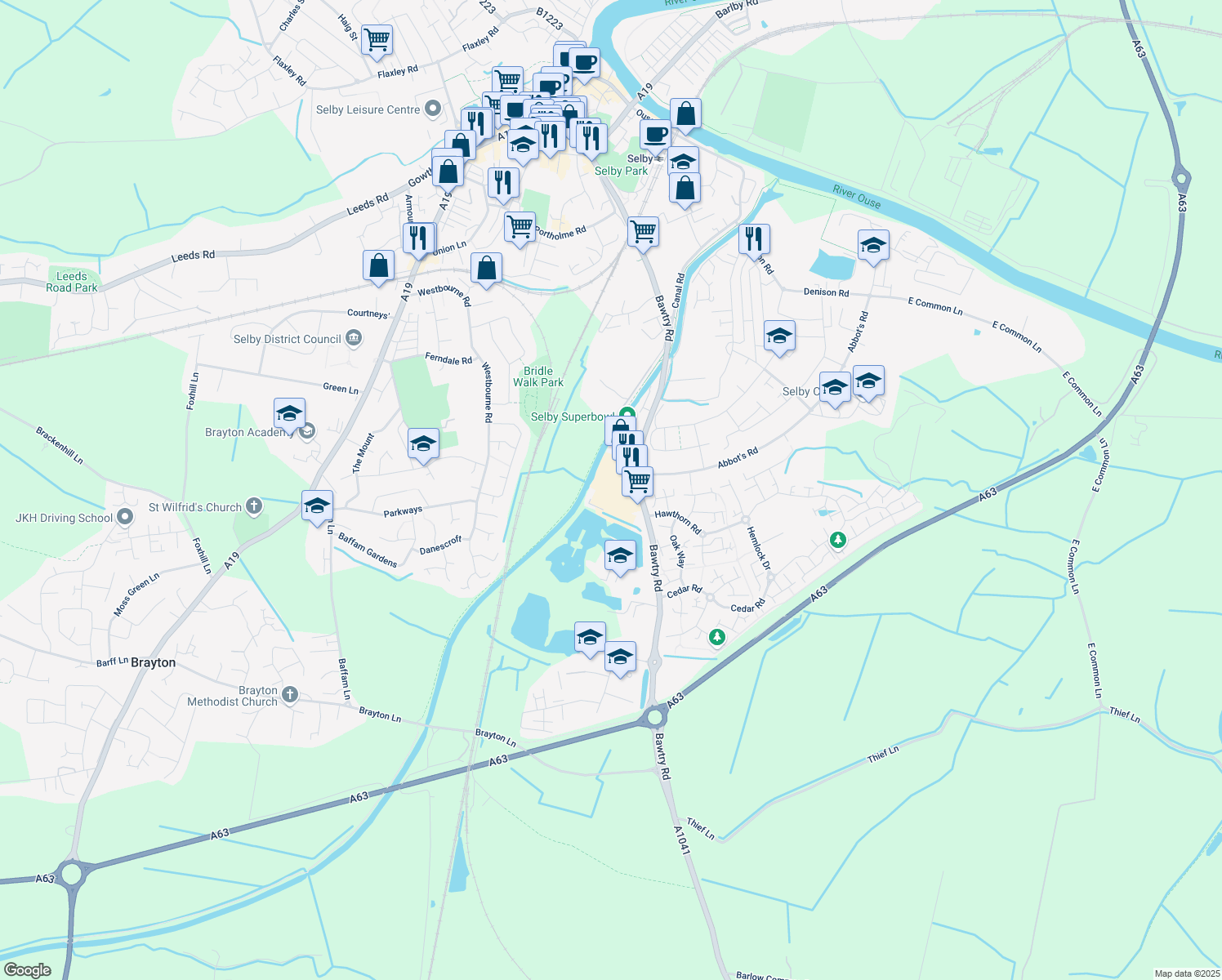 map of restaurants, bars, coffee shops, grocery stores, and more near Three Lakes Retail Park in Selby