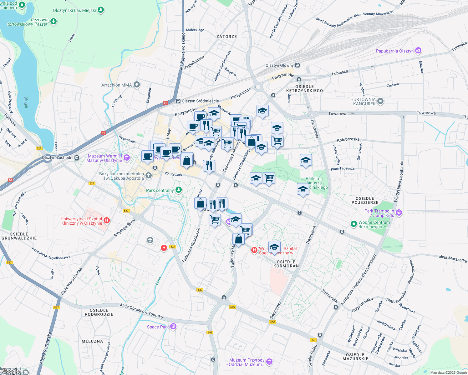 map of restaurants, bars, coffee shops, grocery stores, and more near 36 aleja Marszałka Józefa Piłsudskiego in Olsztyn