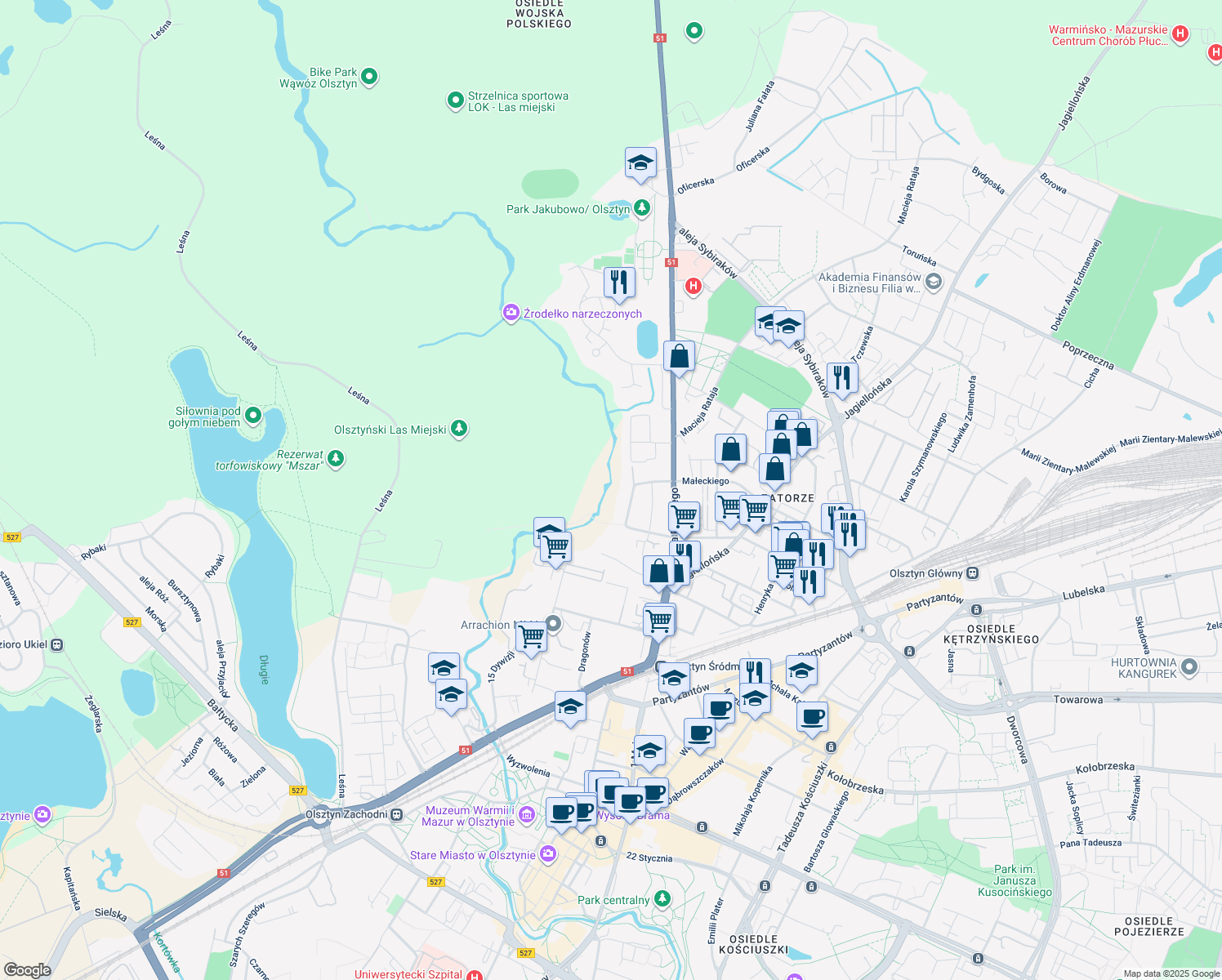 map of restaurants, bars, coffee shops, grocery stores, and more near in Olsztyn