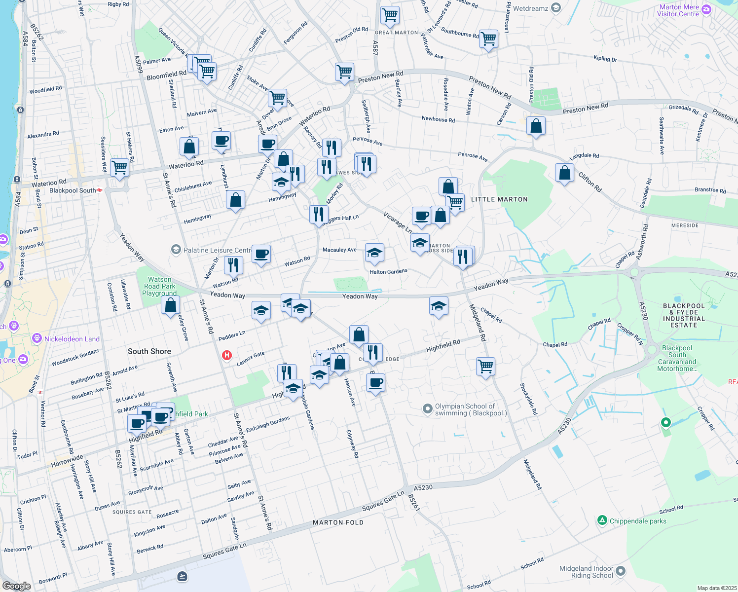 map of restaurants, bars, coffee shops, grocery stores, and more near Yeadon Way in Blackpool
