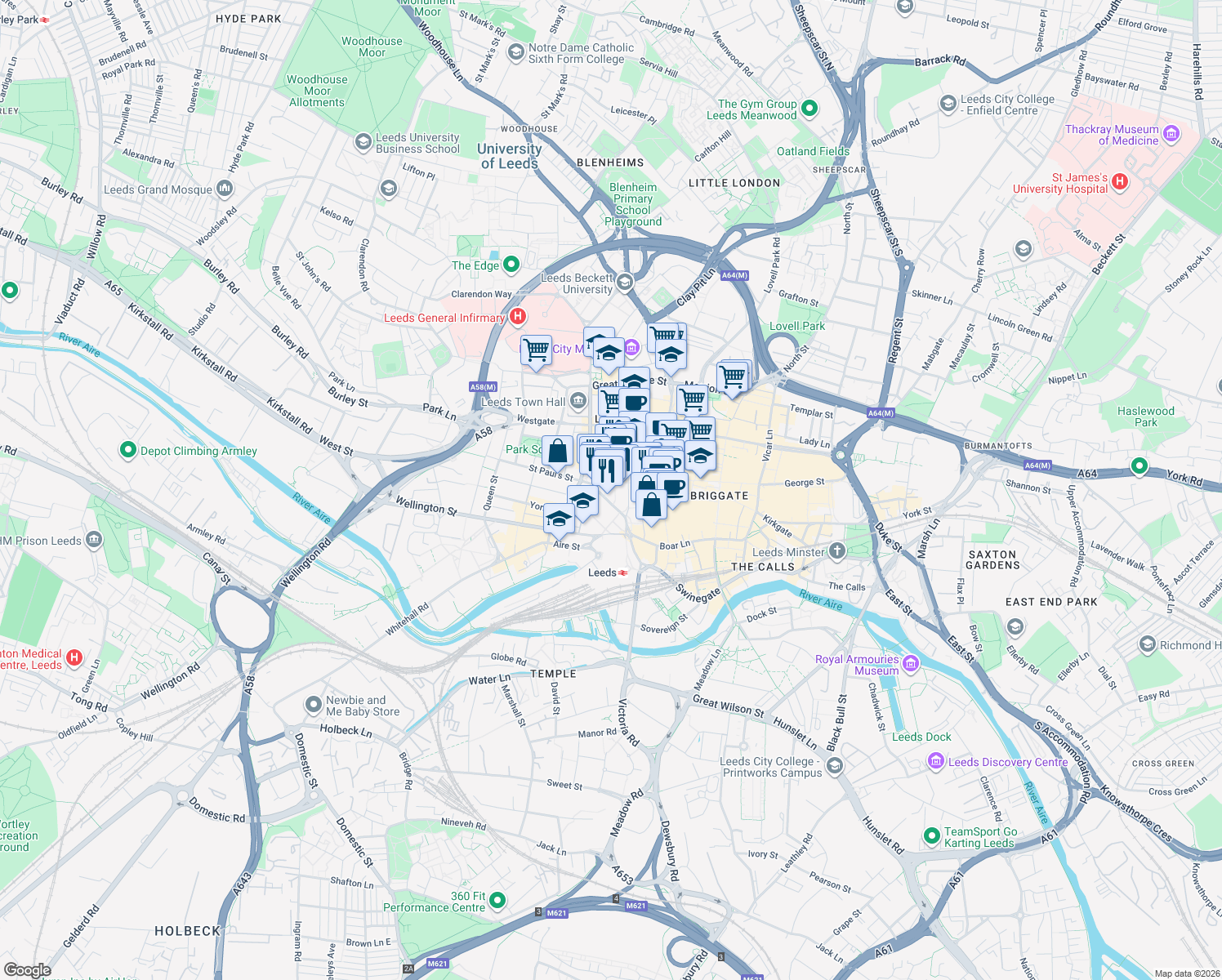 map of restaurants, bars, coffee shops, grocery stores, and more near Wine Street in West Yorkshire