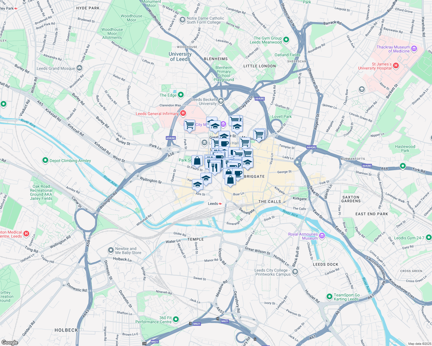 map of restaurants, bars, coffee shops, grocery stores, and more near Wine Street in West Yorkshire