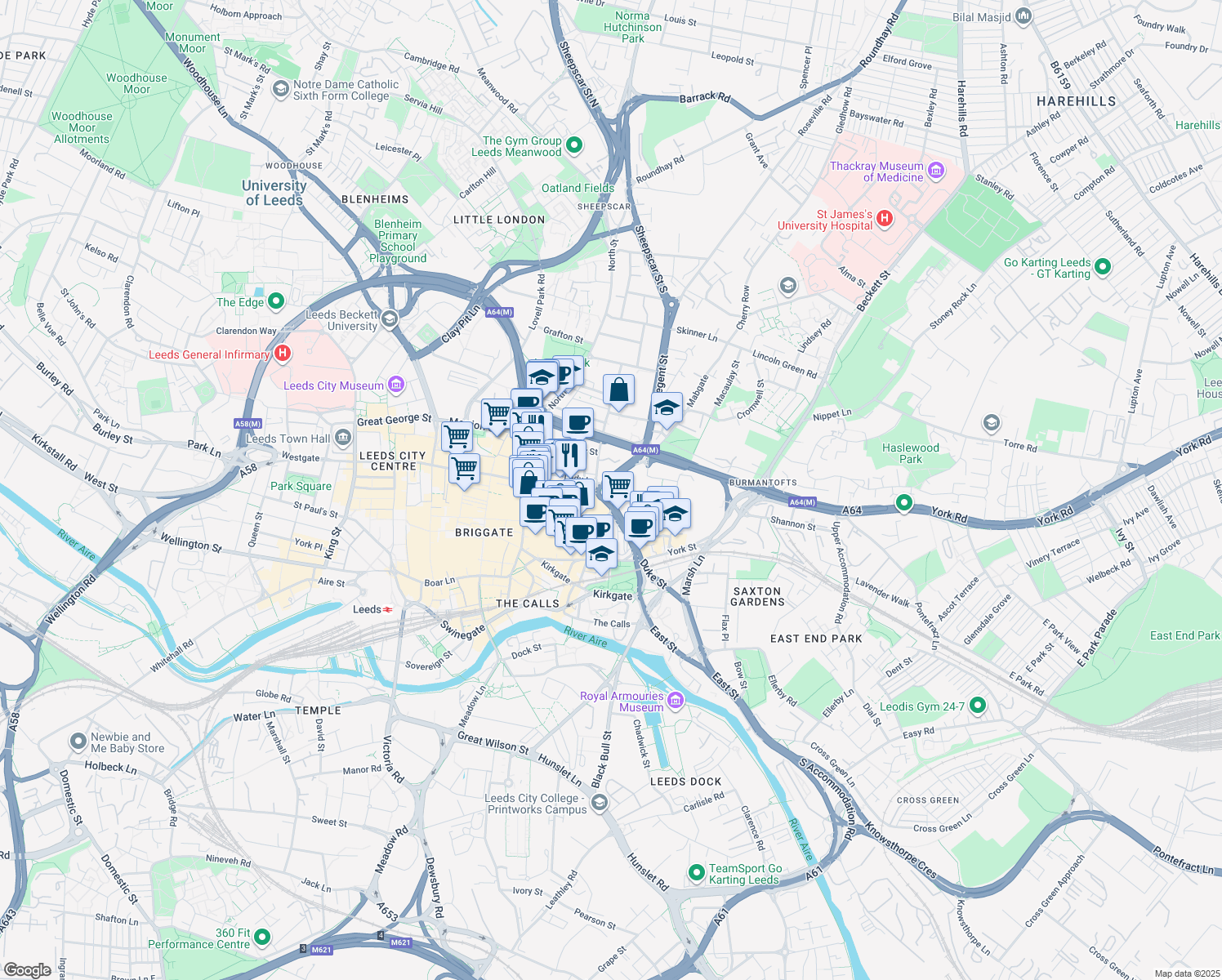 map of restaurants, bars, coffee shops, grocery stores, and more near City Centre Loop in Leeds
