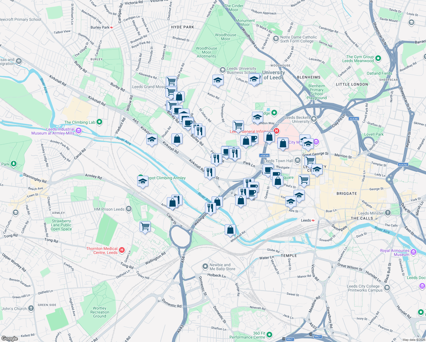map of restaurants, bars, coffee shops, grocery stores, and more near Bingley Street in West Yorkshire