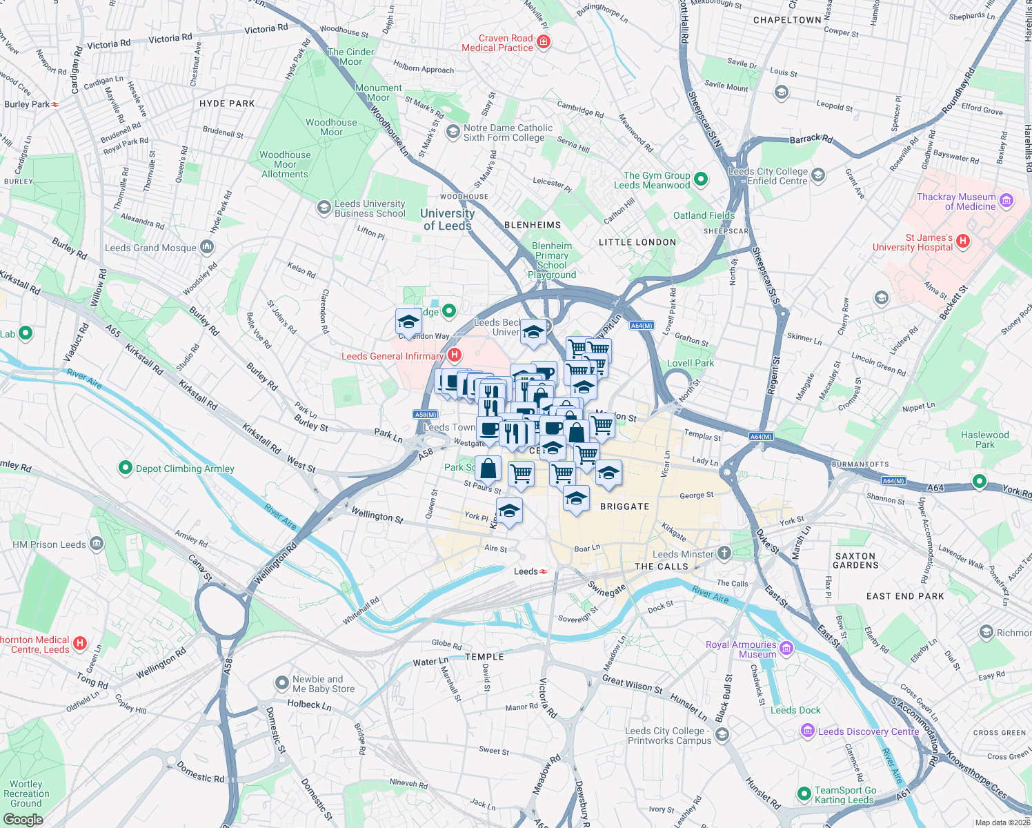 map of restaurants, bars, coffee shops, grocery stores, and more near in Leeds
