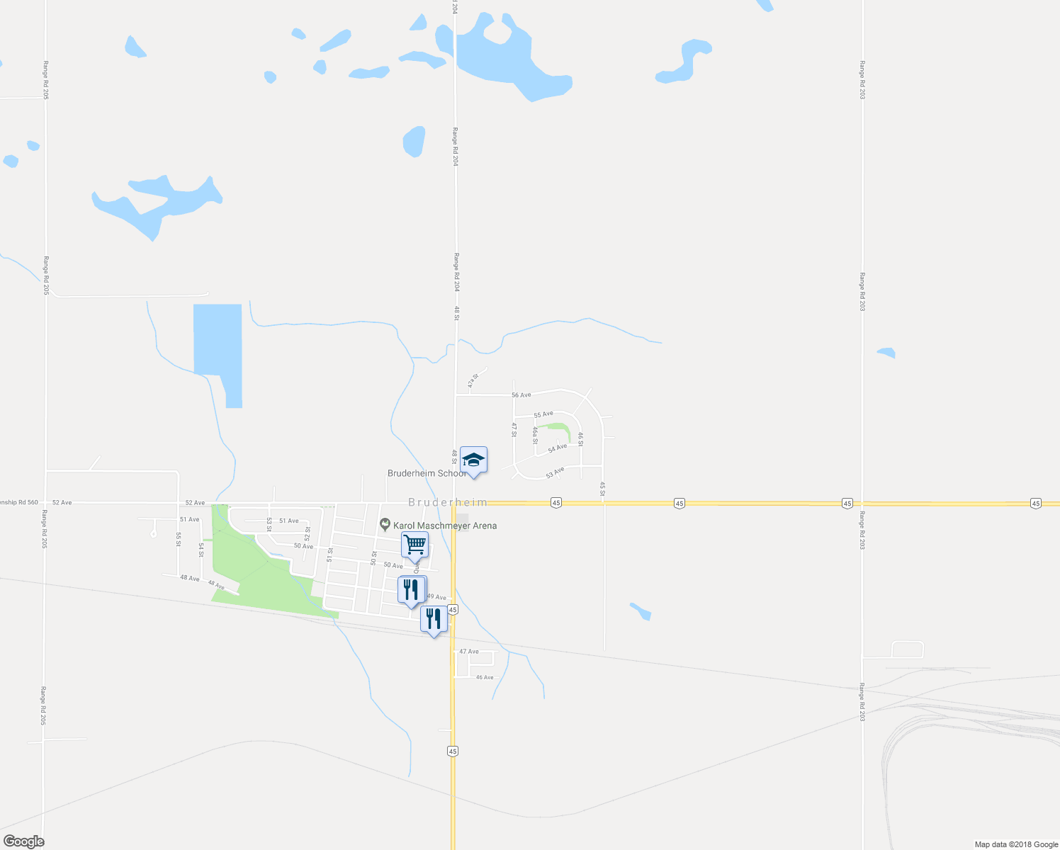 map of restaurants, bars, coffee shops, grocery stores, and more near 5430 46A Street in Bruderheim