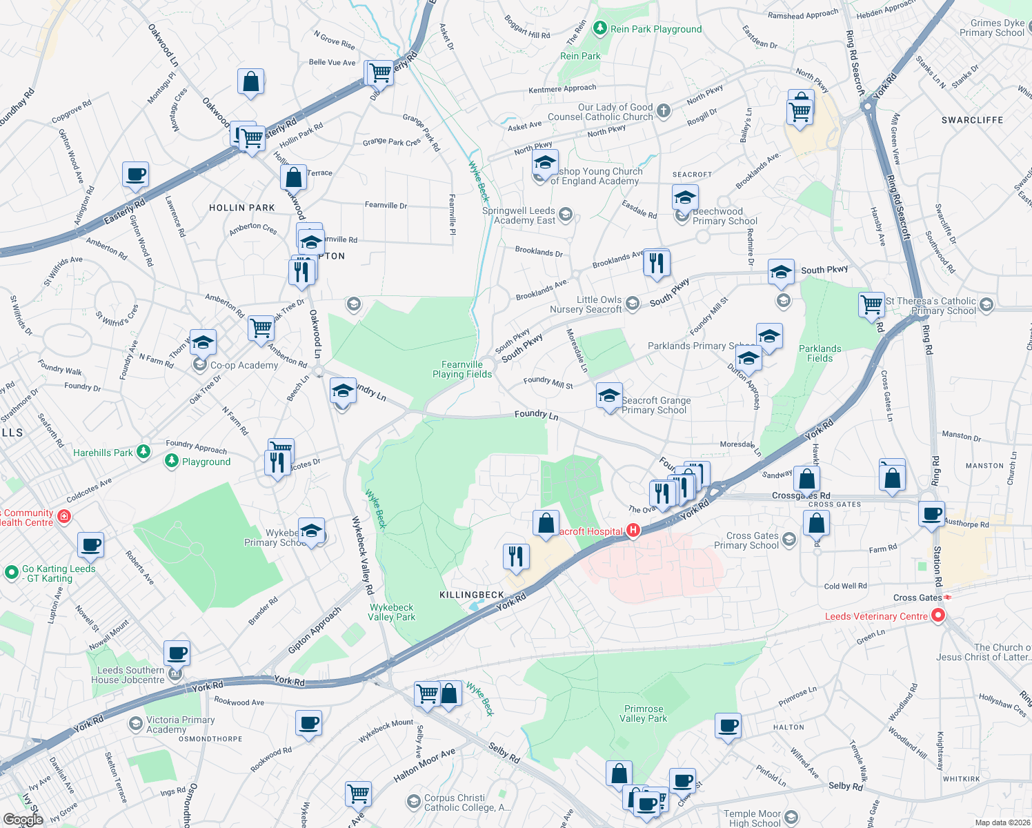 map of restaurants, bars, coffee shops, grocery stores, and more near Foundry Lane in West Yorkshire