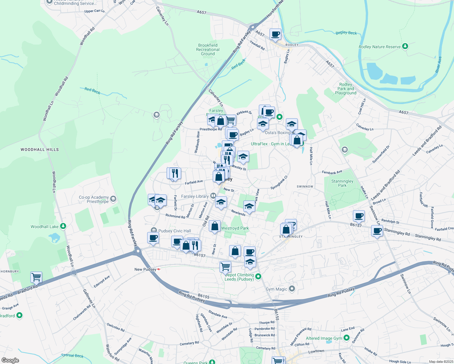 map of restaurants, bars, coffee shops, grocery stores, and more near Old Fold in Farsley