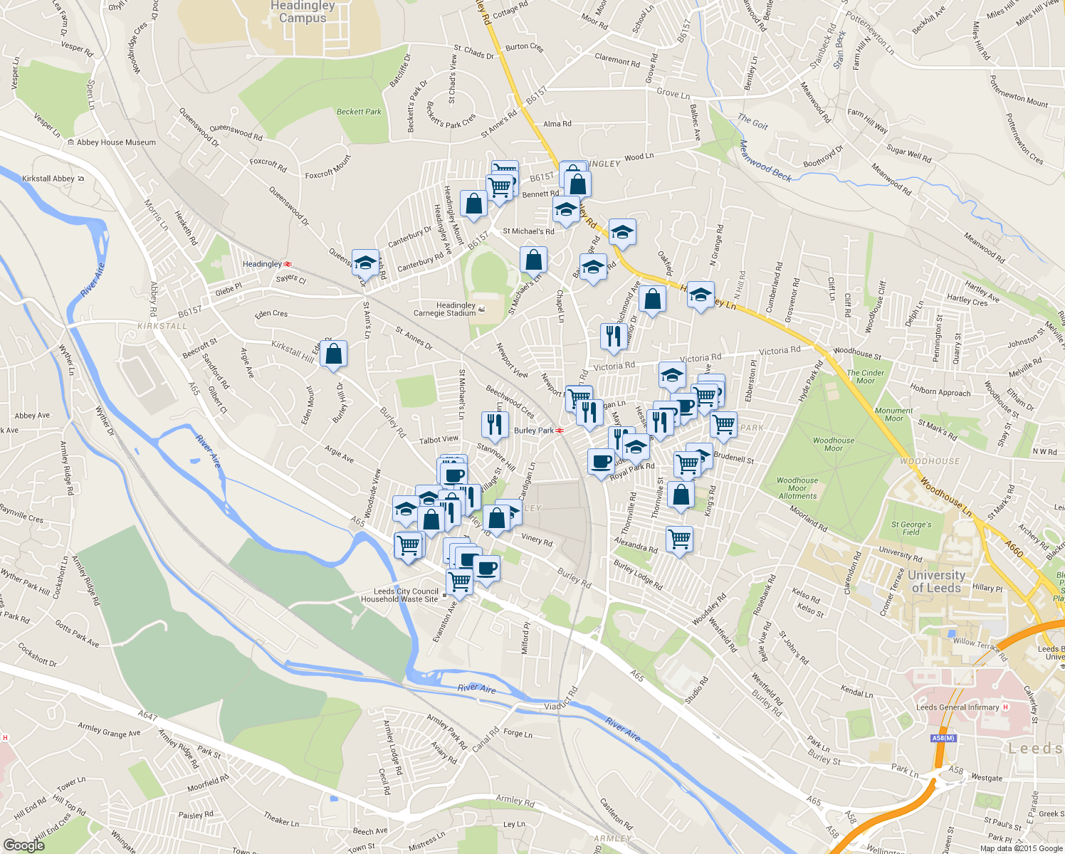 map of restaurants, bars, coffee shops, grocery stores, and more near Beechwood Road in West Yorkshire