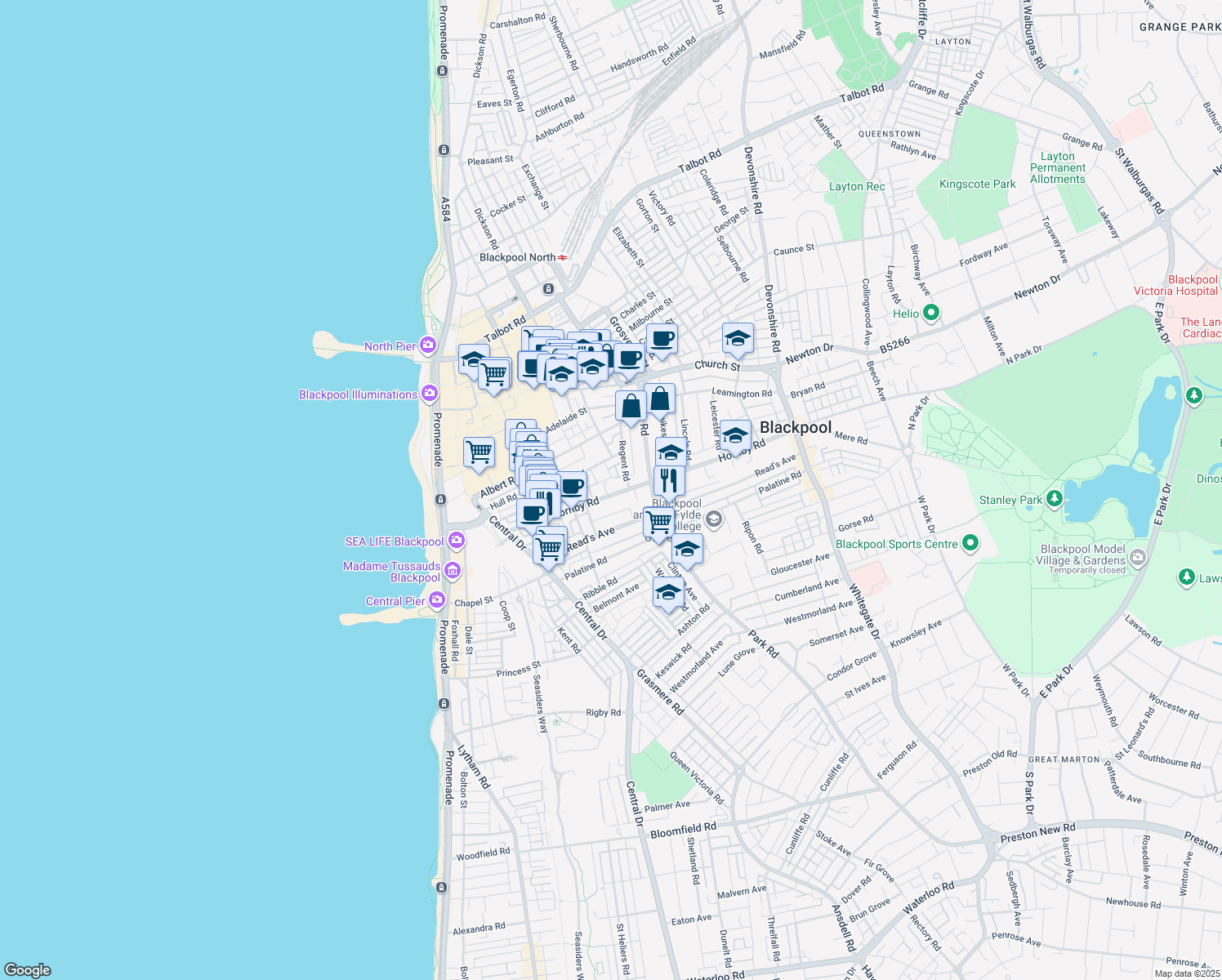 map of restaurants, bars, coffee shops, grocery stores, and more near Hornby Road in Blackpool