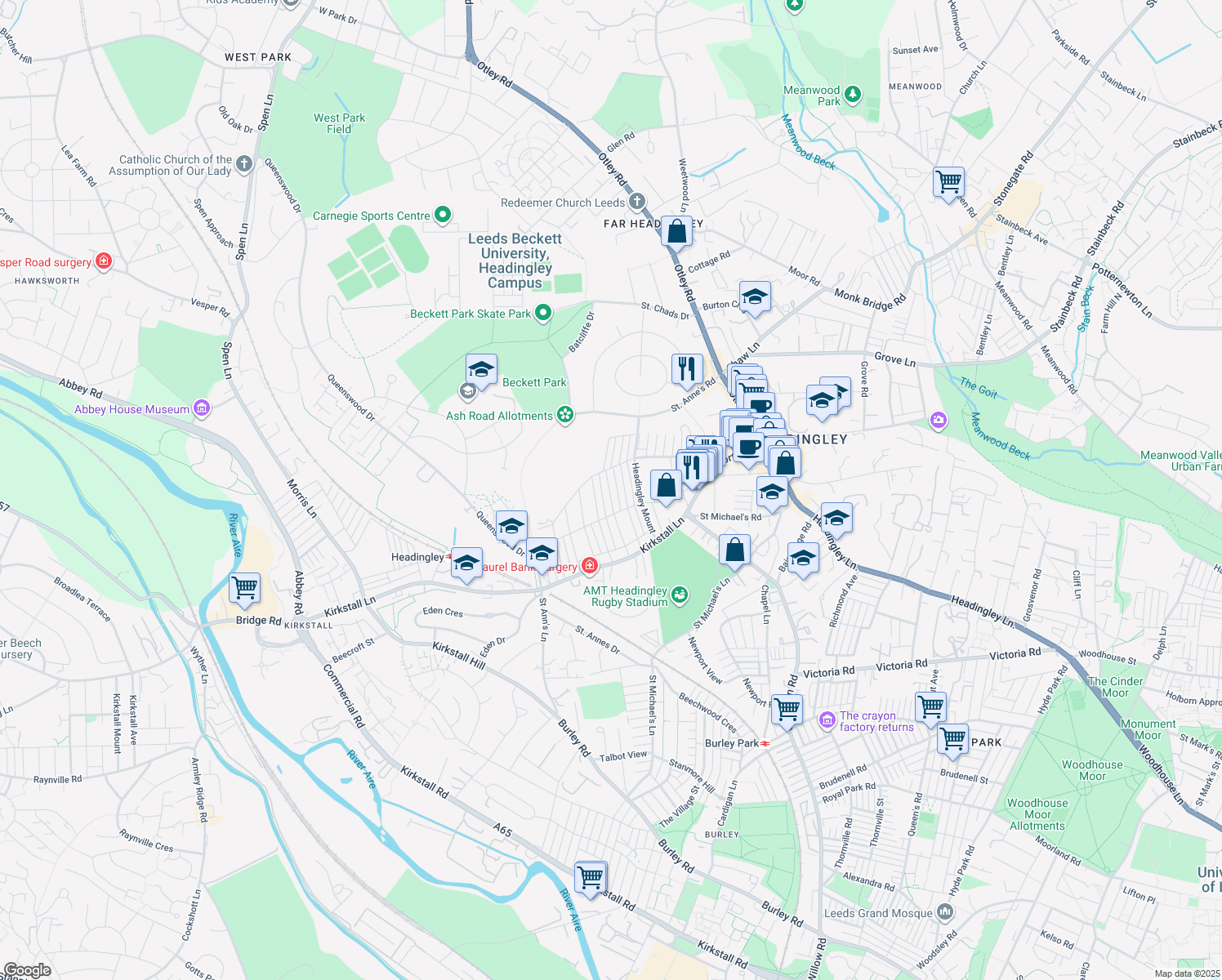 map of restaurants, bars, coffee shops, grocery stores, and more near Estcourt Avenue in West Yorkshire