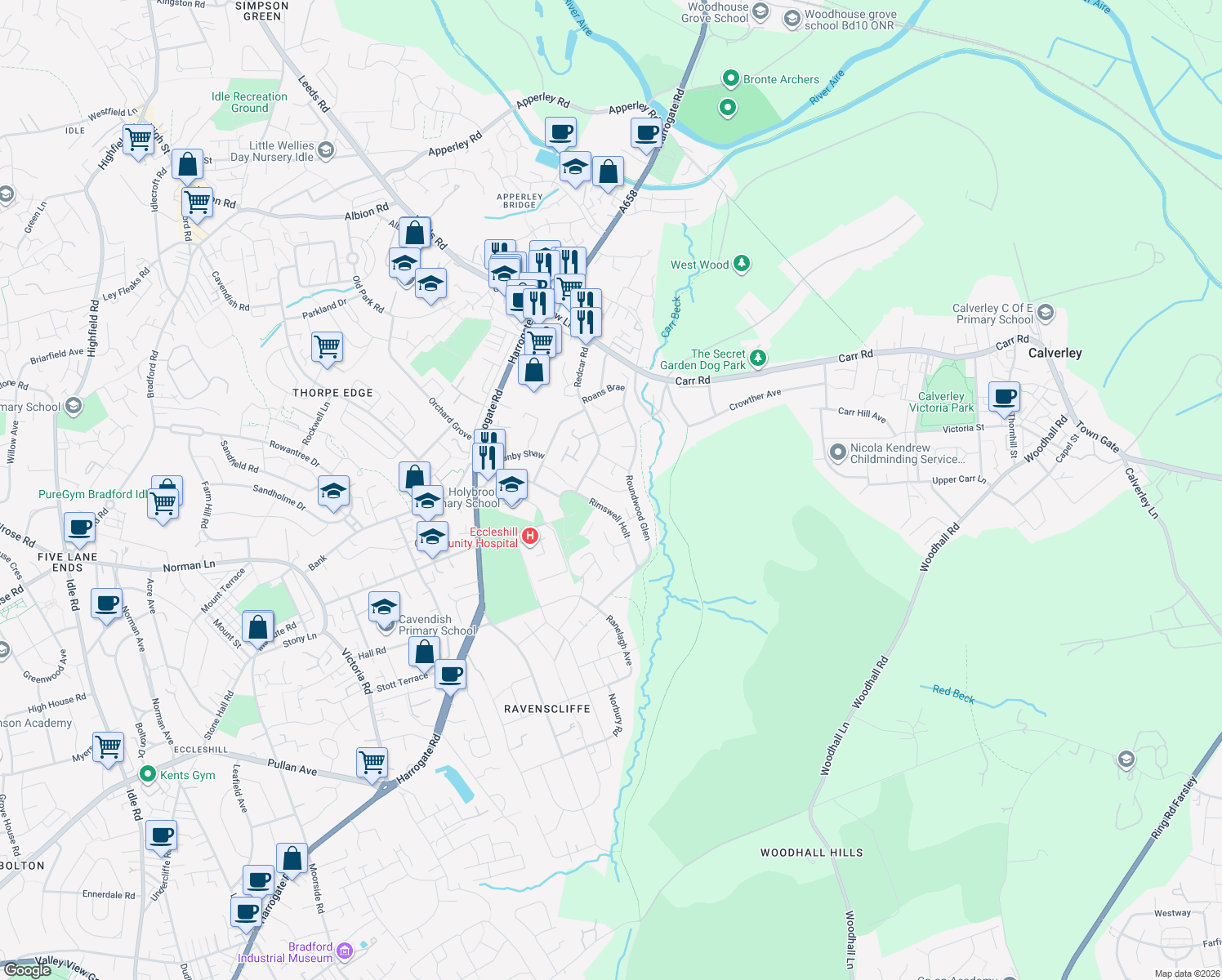 map of restaurants, bars, coffee shops, grocery stores, and more near Rokeby Gardens in West Yorkshire