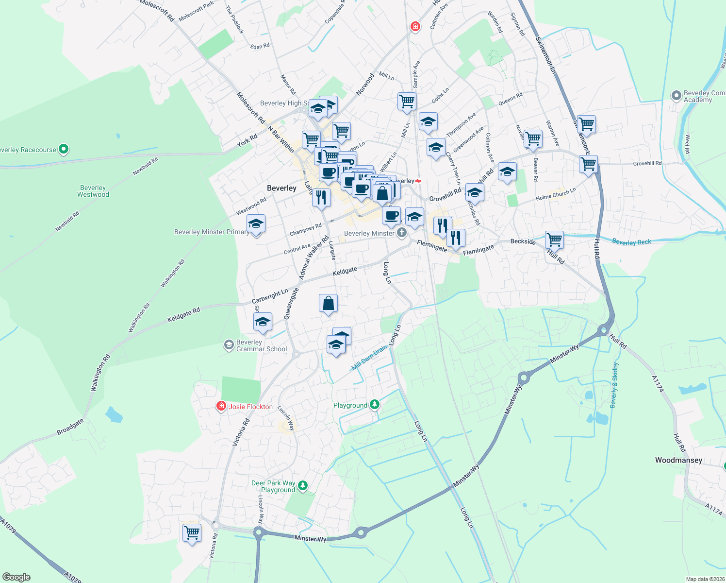 map of restaurants, bars, coffee shops, grocery stores, and more near Melrose Park in Beverley