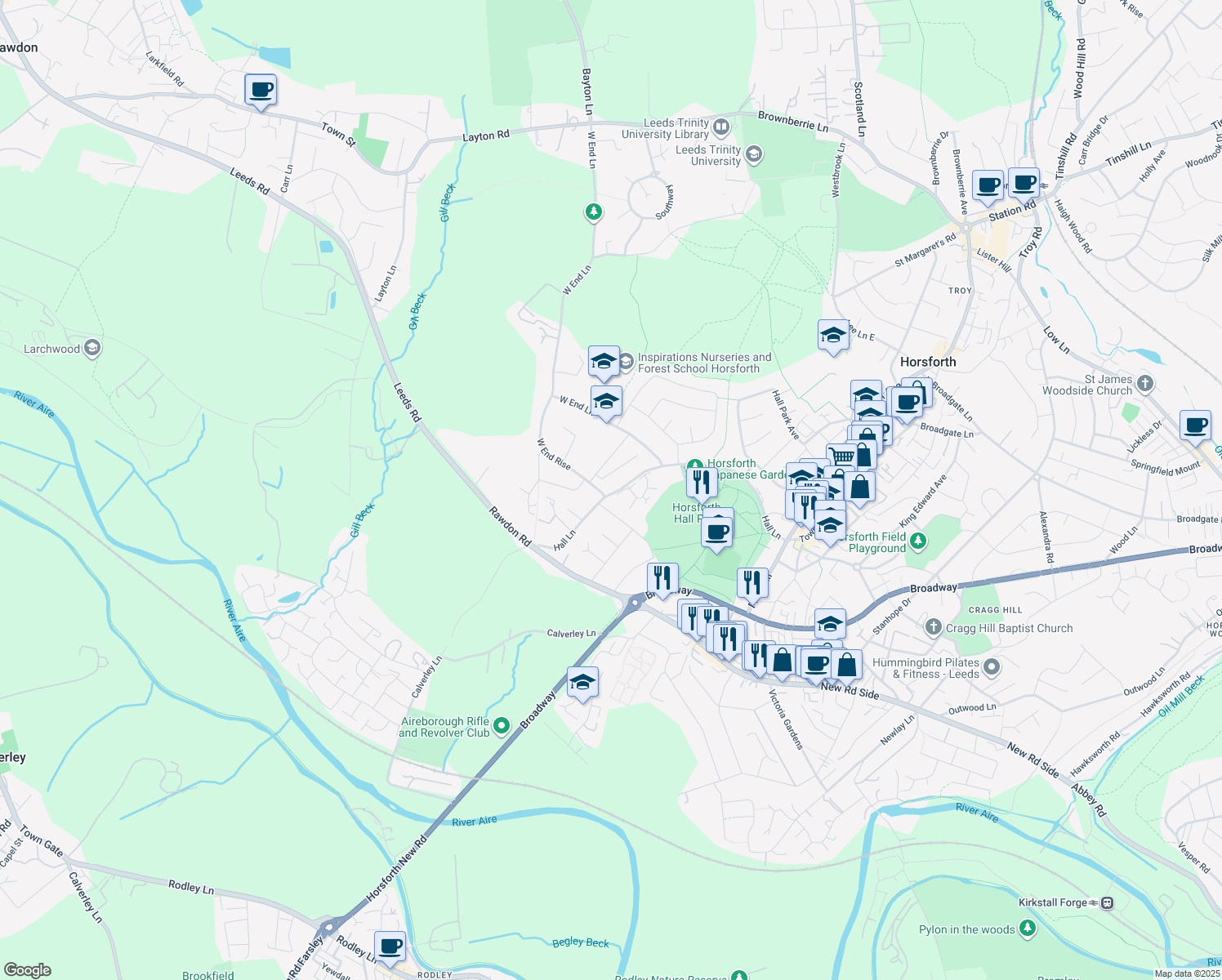 map of restaurants, bars, coffee shops, grocery stores, and more near Hall Lane in Horsforth