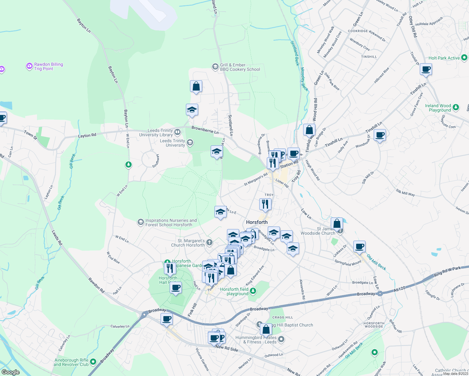 map of restaurants, bars, coffee shops, grocery stores, and more near Saint Margaret's Road in Horsforth