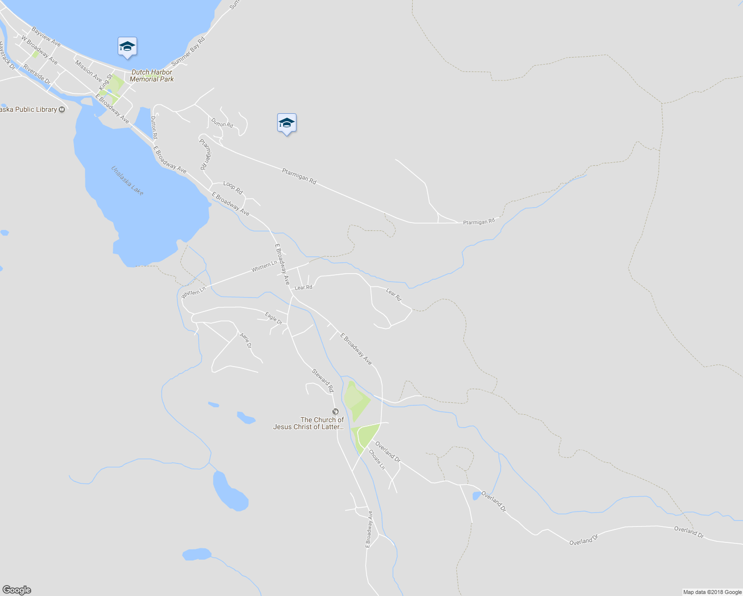 map of restaurants, bars, coffee shops, grocery stores, and more near Lear Road in Unalaska